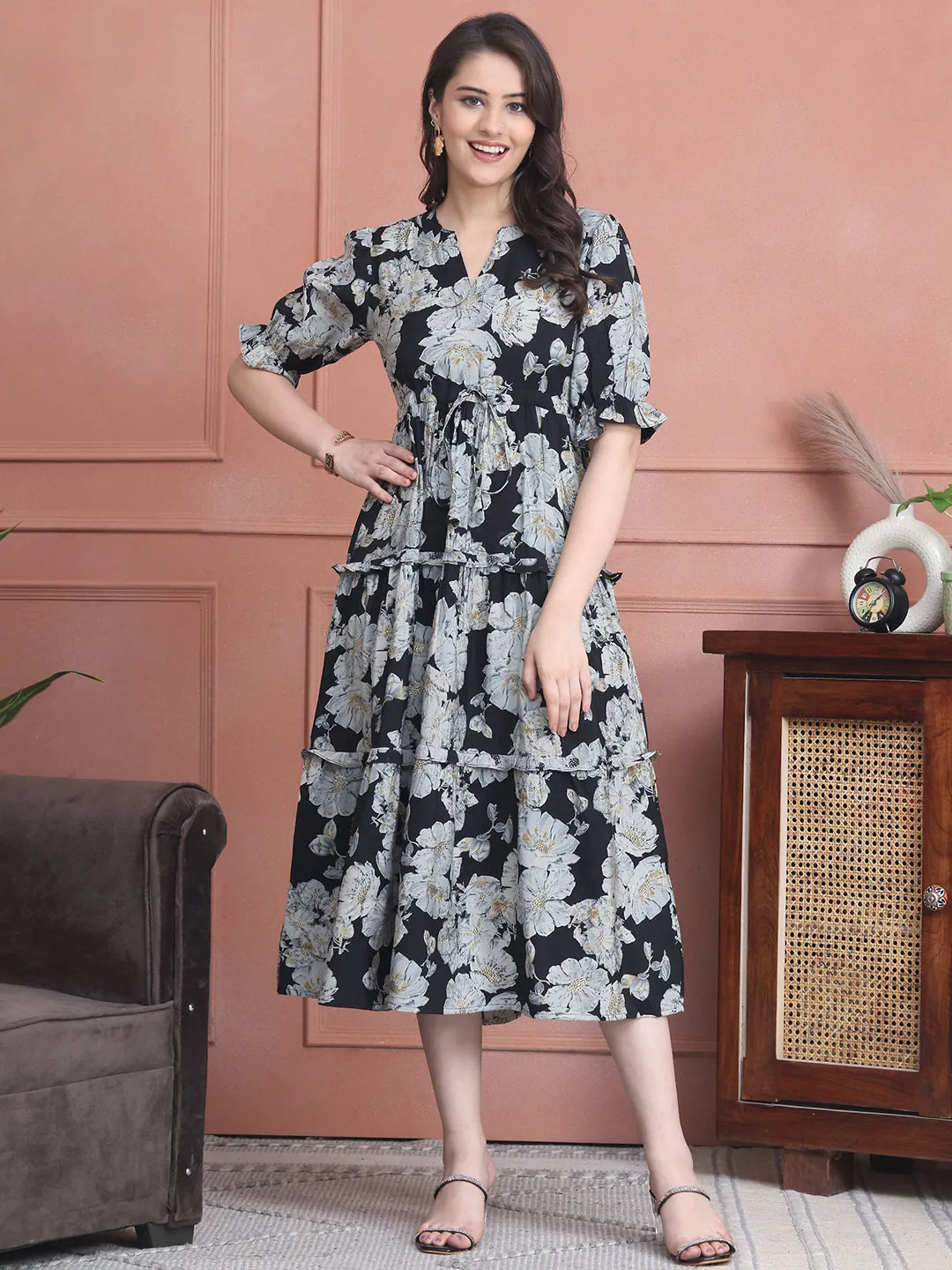 Black Colour Floral Printed Premium Chanderi Dress For Women