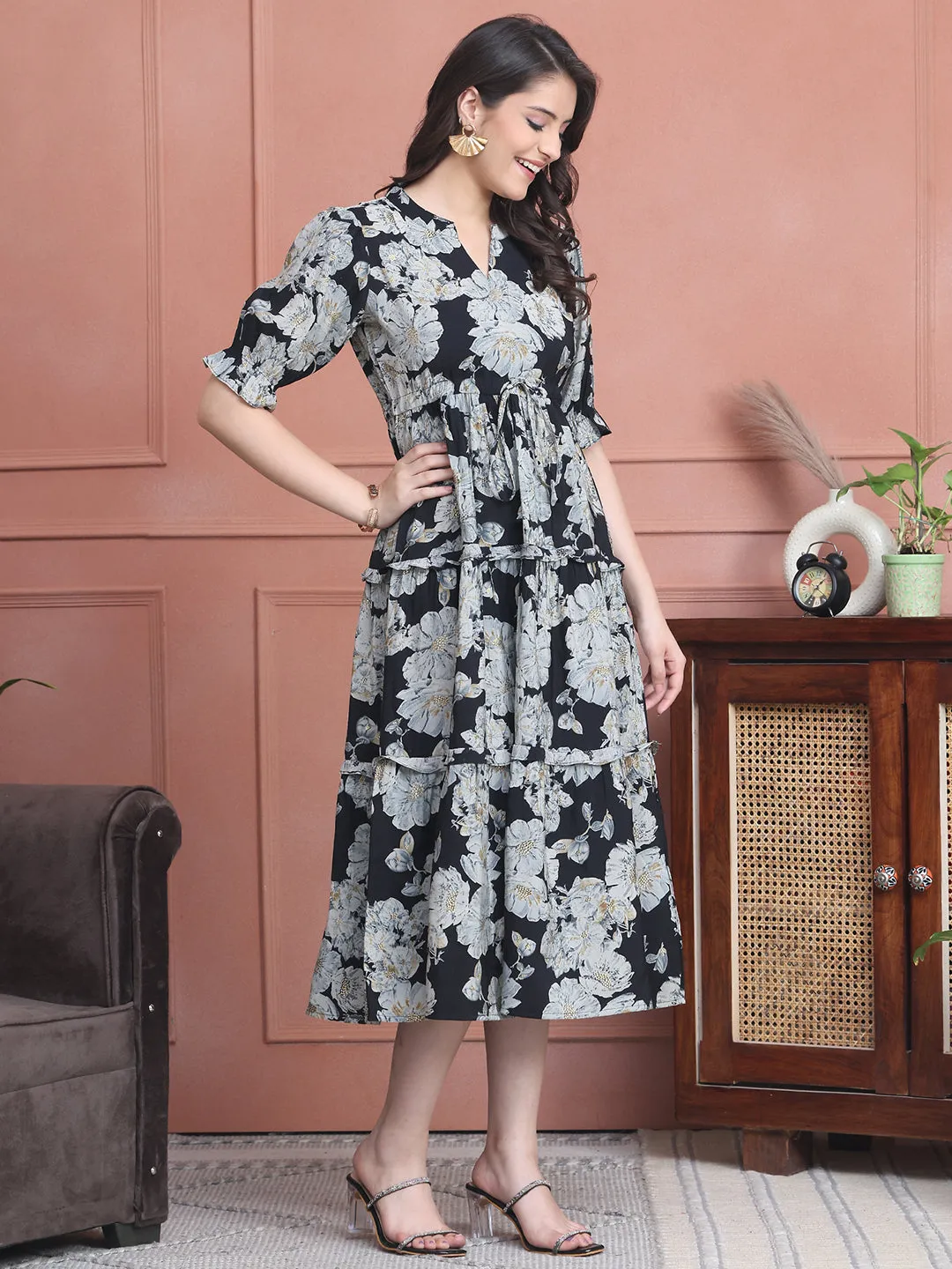 Black Colour Floral Printed Premium Chanderi Dress For Women