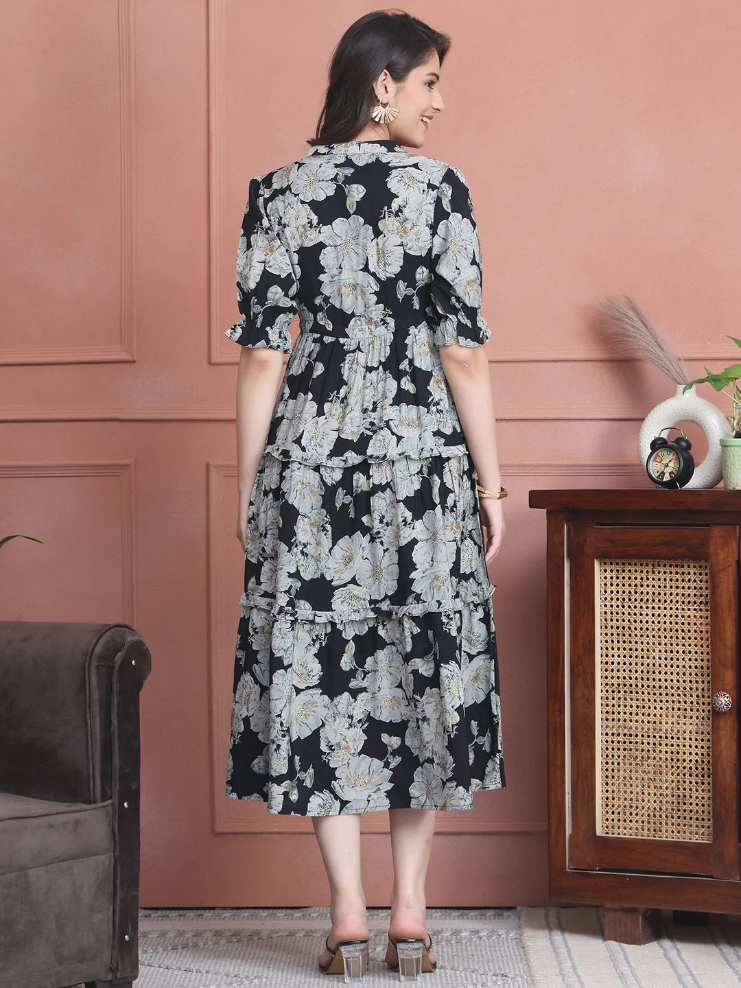 Black Colour Floral Printed Premium Chanderi Dress For Women