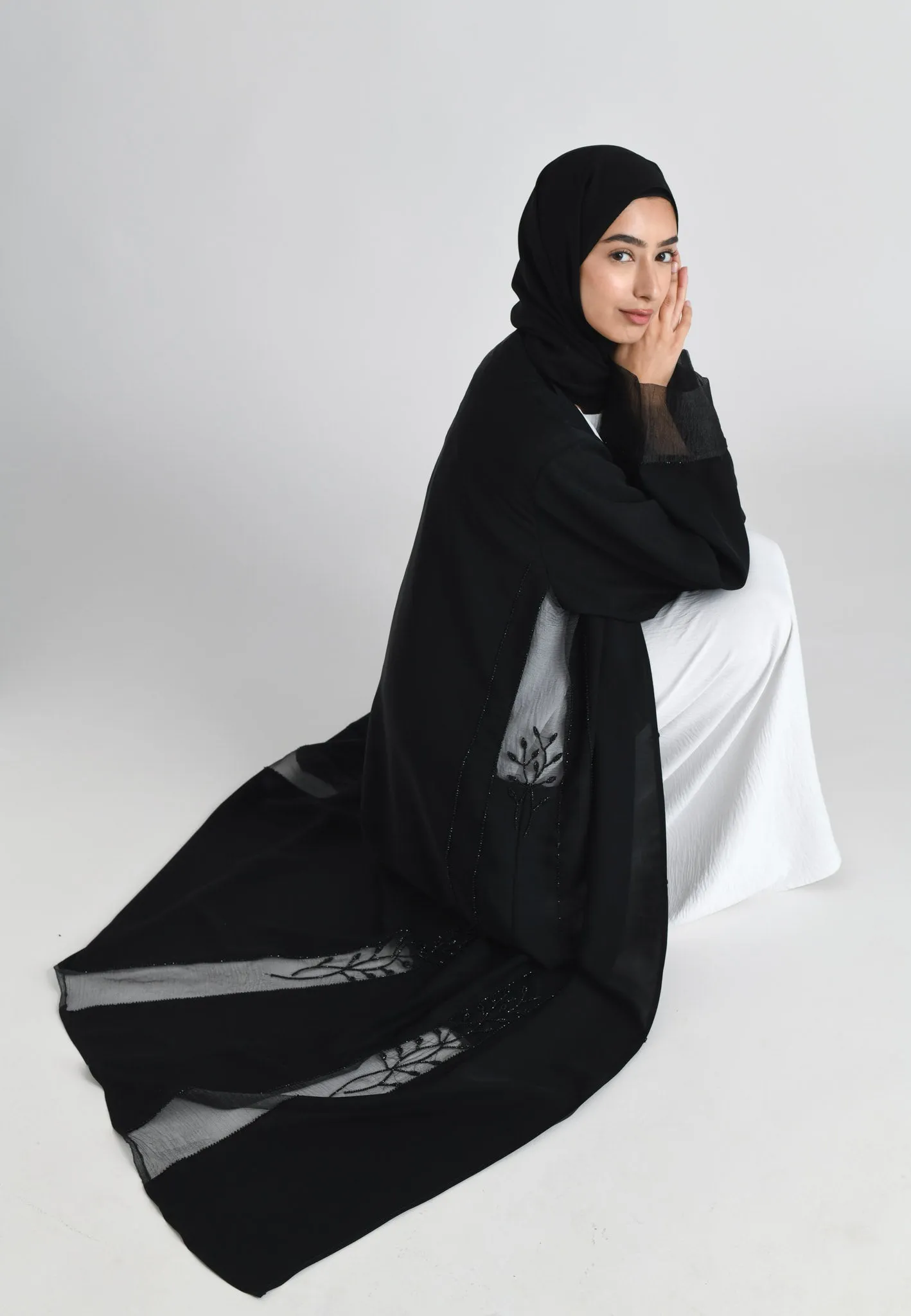 Black On Black Khaleeji Organza Accent Open Abaya