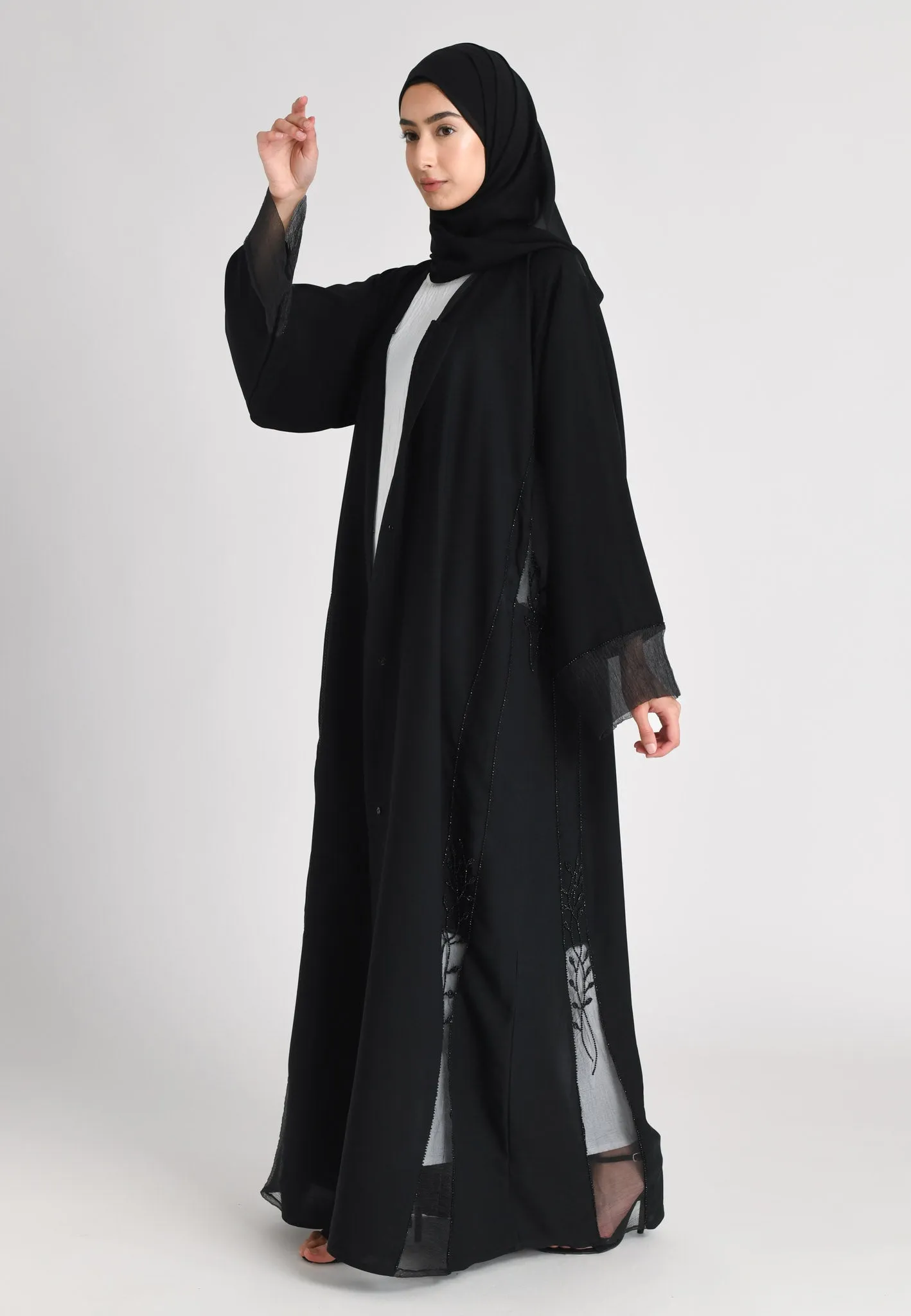 Black On Black Khaleeji Organza Accent Open Abaya