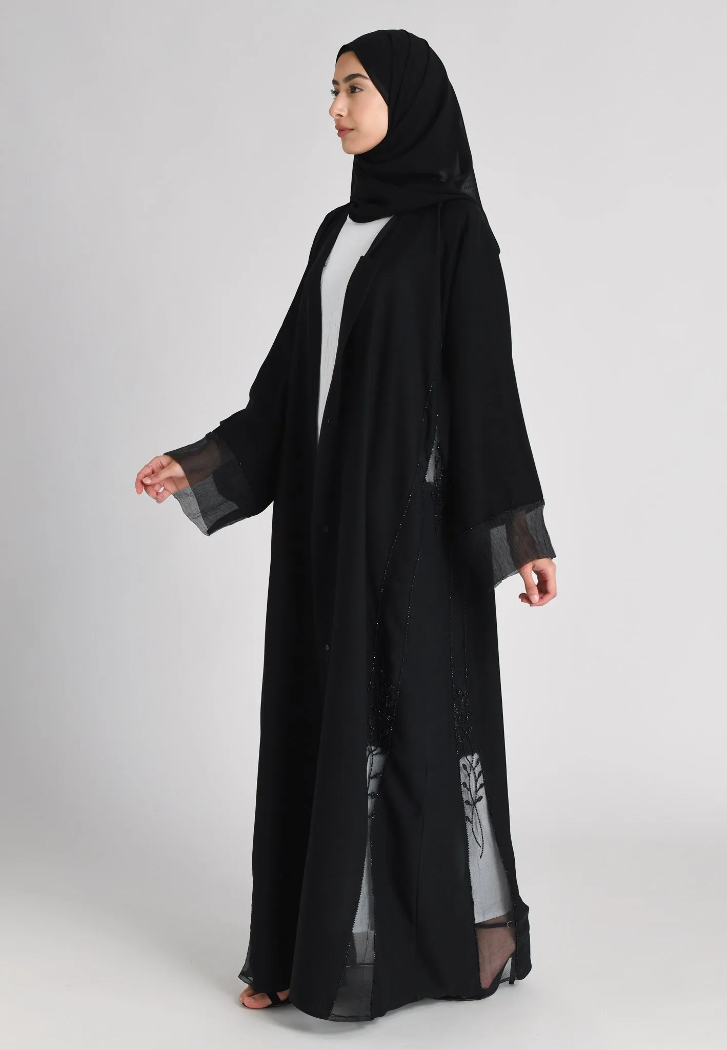 Black On Black Khaleeji Organza Accent Open Abaya