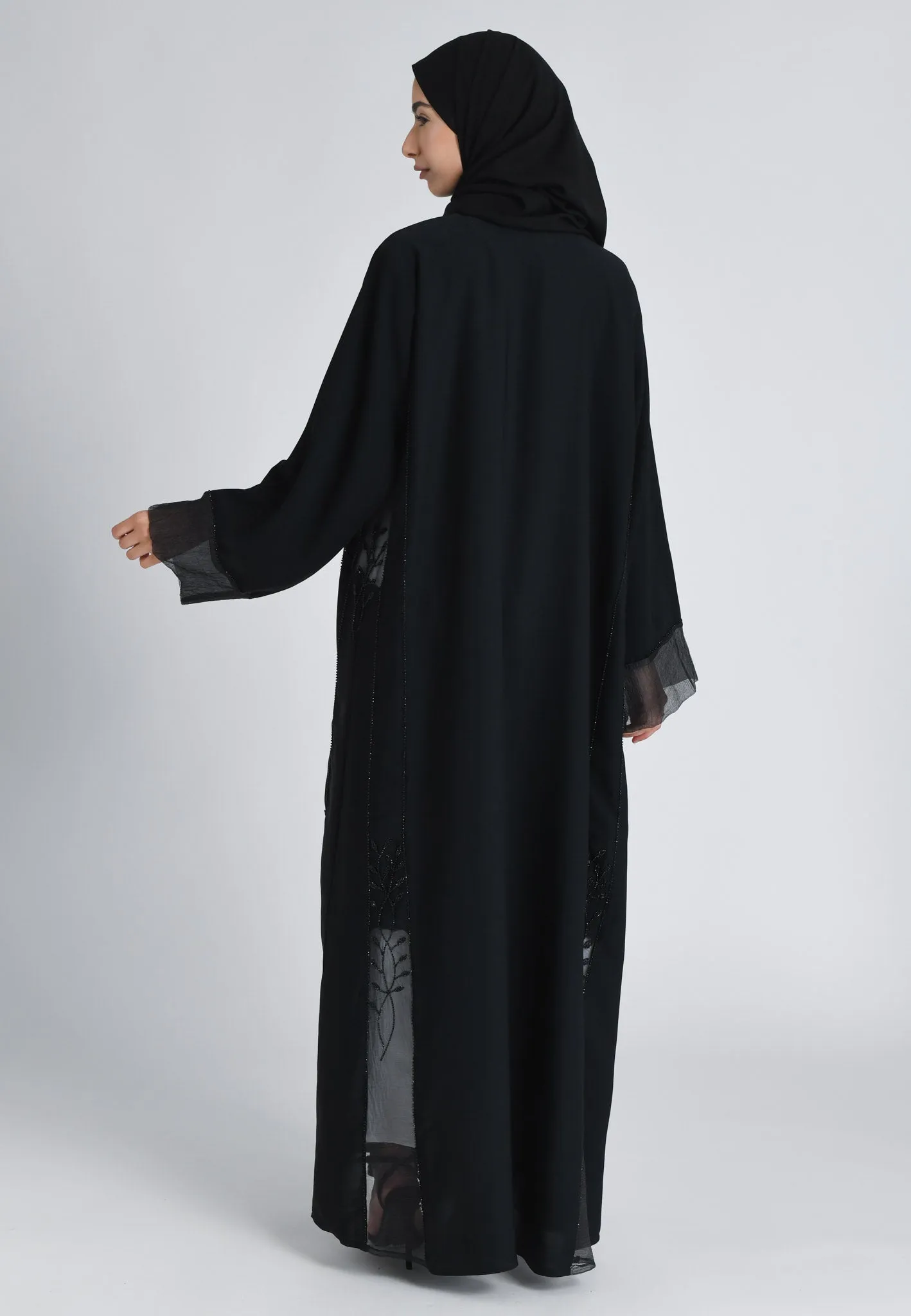 Black On Black Khaleeji Organza Accent Open Abaya