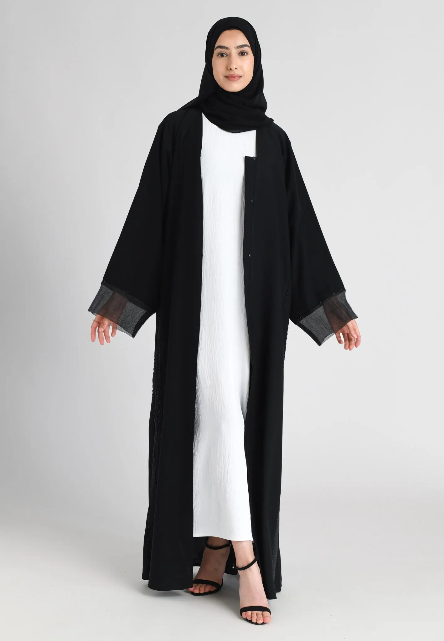 Black On Black Khaleeji Organza Accent Open Abaya