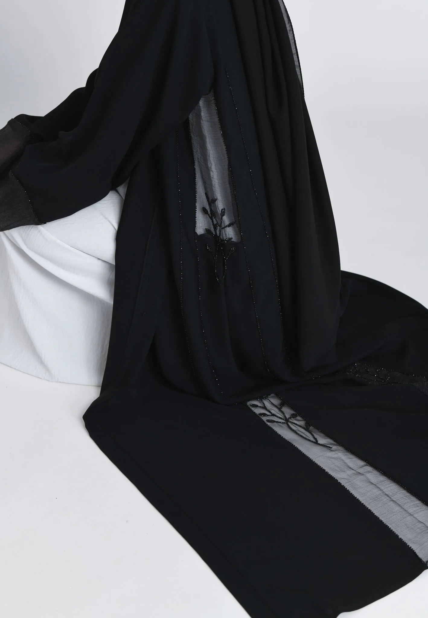 Black On Black Khaleeji Organza Accent Open Abaya