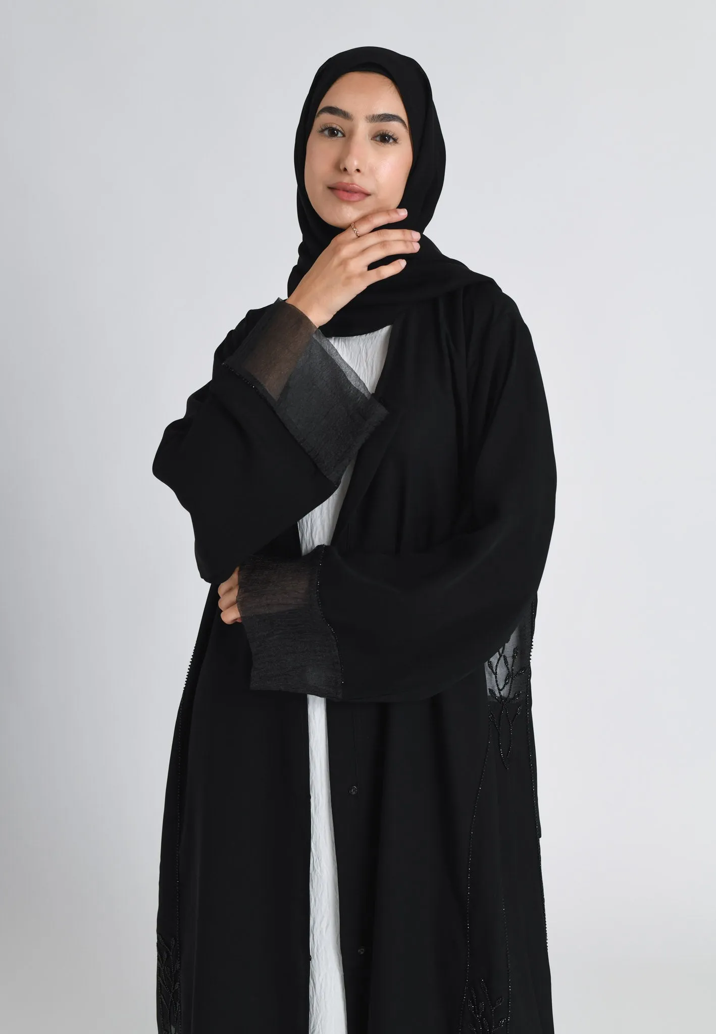 Black On Black Khaleeji Organza Accent Open Abaya