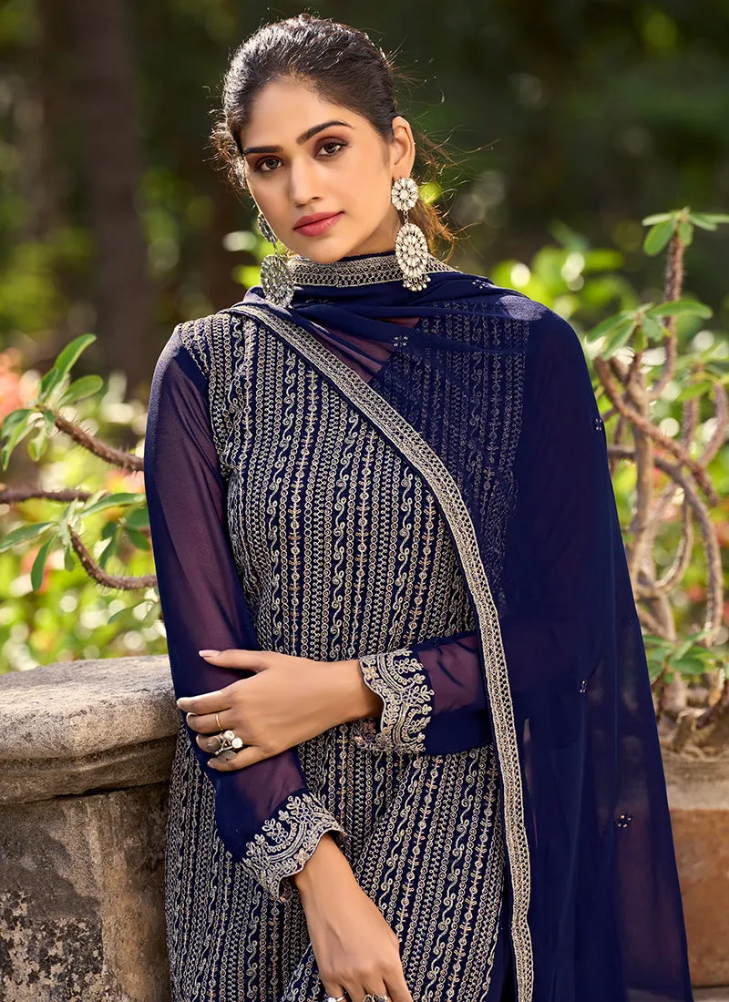 Blue Sequence Embroidery Wedding Pant Suit