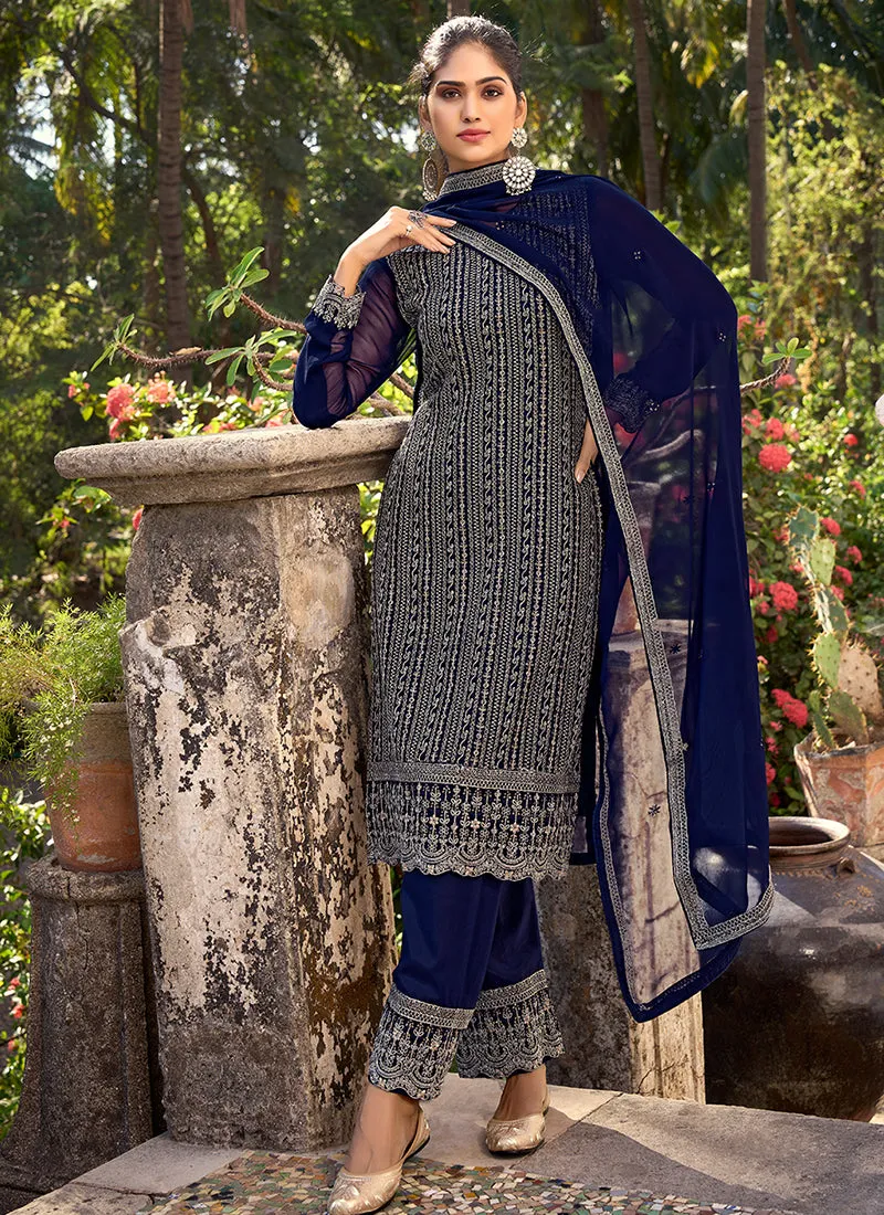 Blue Sequence Embroidery Wedding Pant Suit