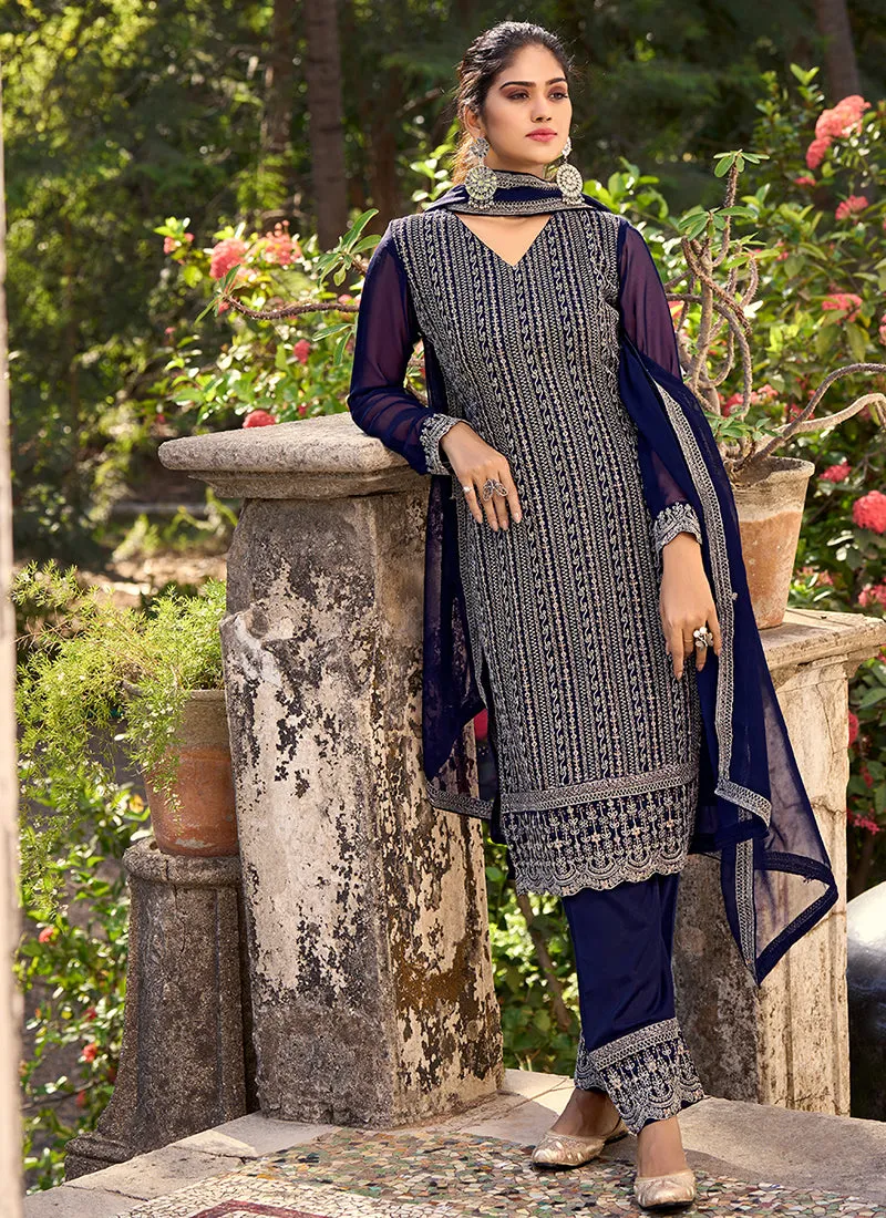 Blue Sequence Embroidery Wedding Pant Suit