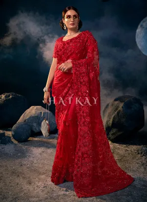Bridal Red Sequence Embroidered Festive Saree