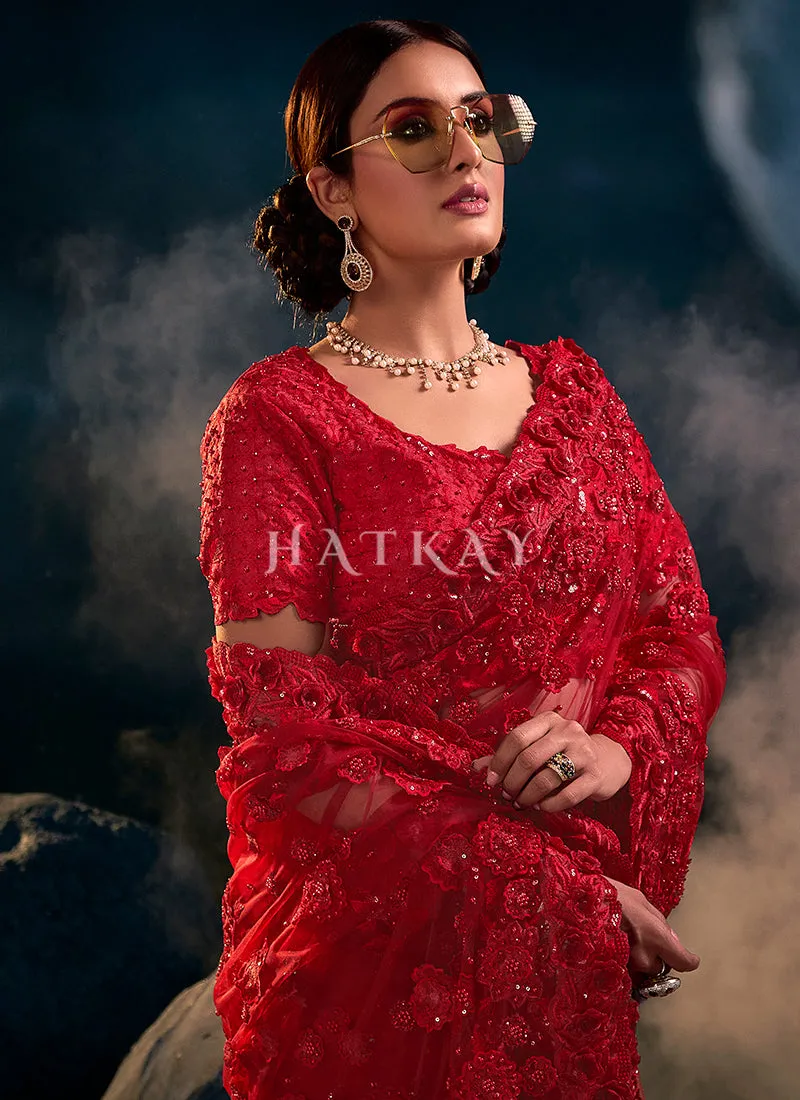 Bridal Red Sequence Embroidered Festive Saree