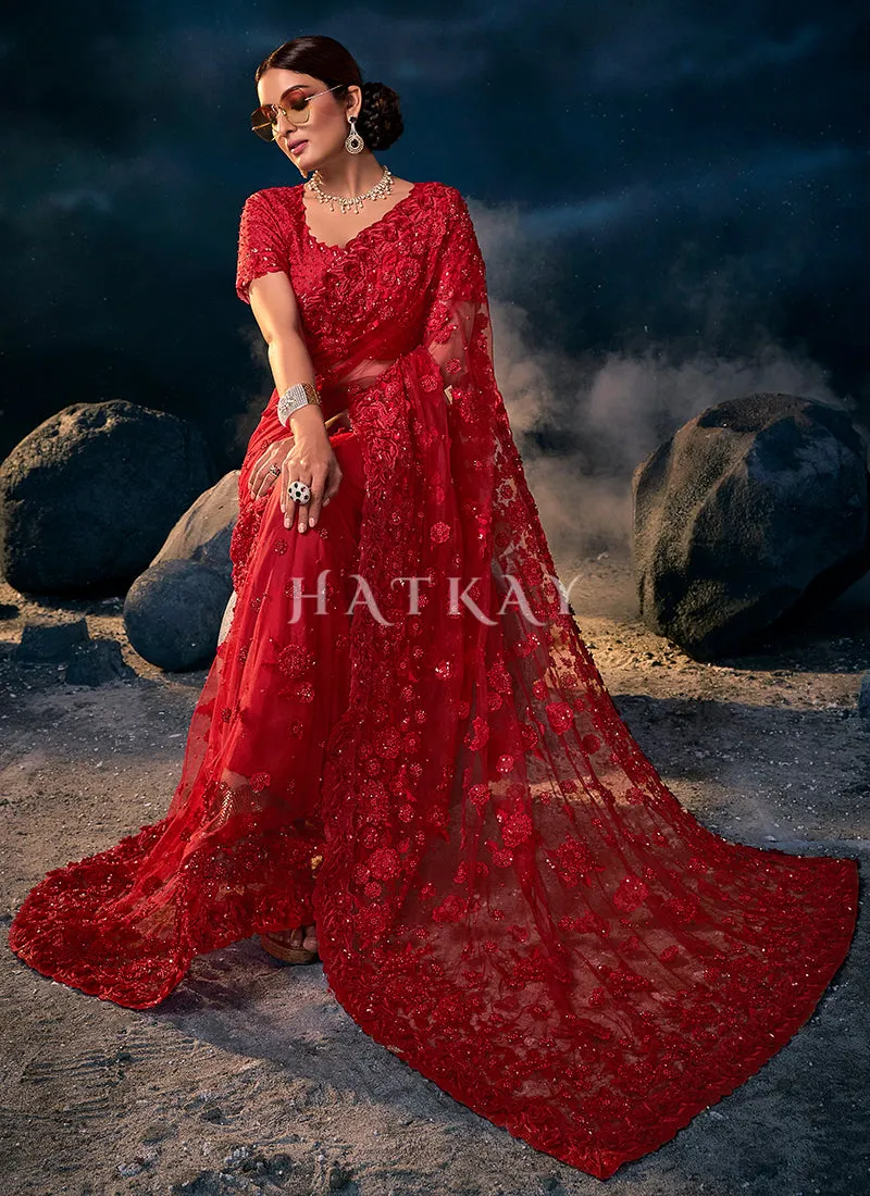 Bridal Red Sequence Embroidered Festive Saree