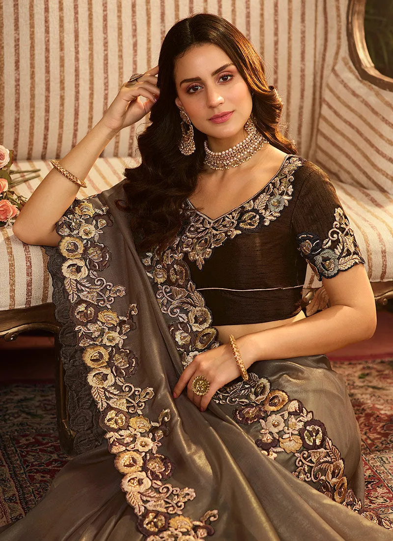 Brown Copper Designer Saree With Blouse