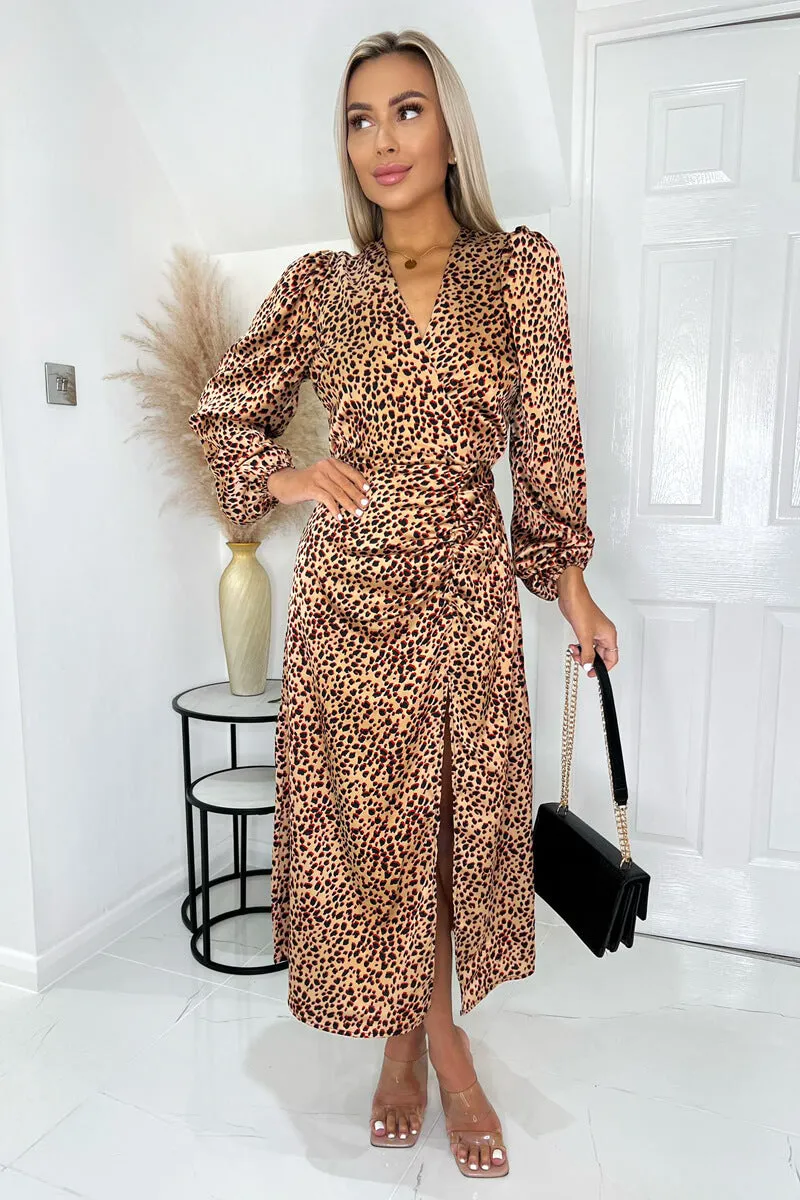 Camel Black And Red Animal Print Long Sleeve V Neck Ruched Slit Midi Dress