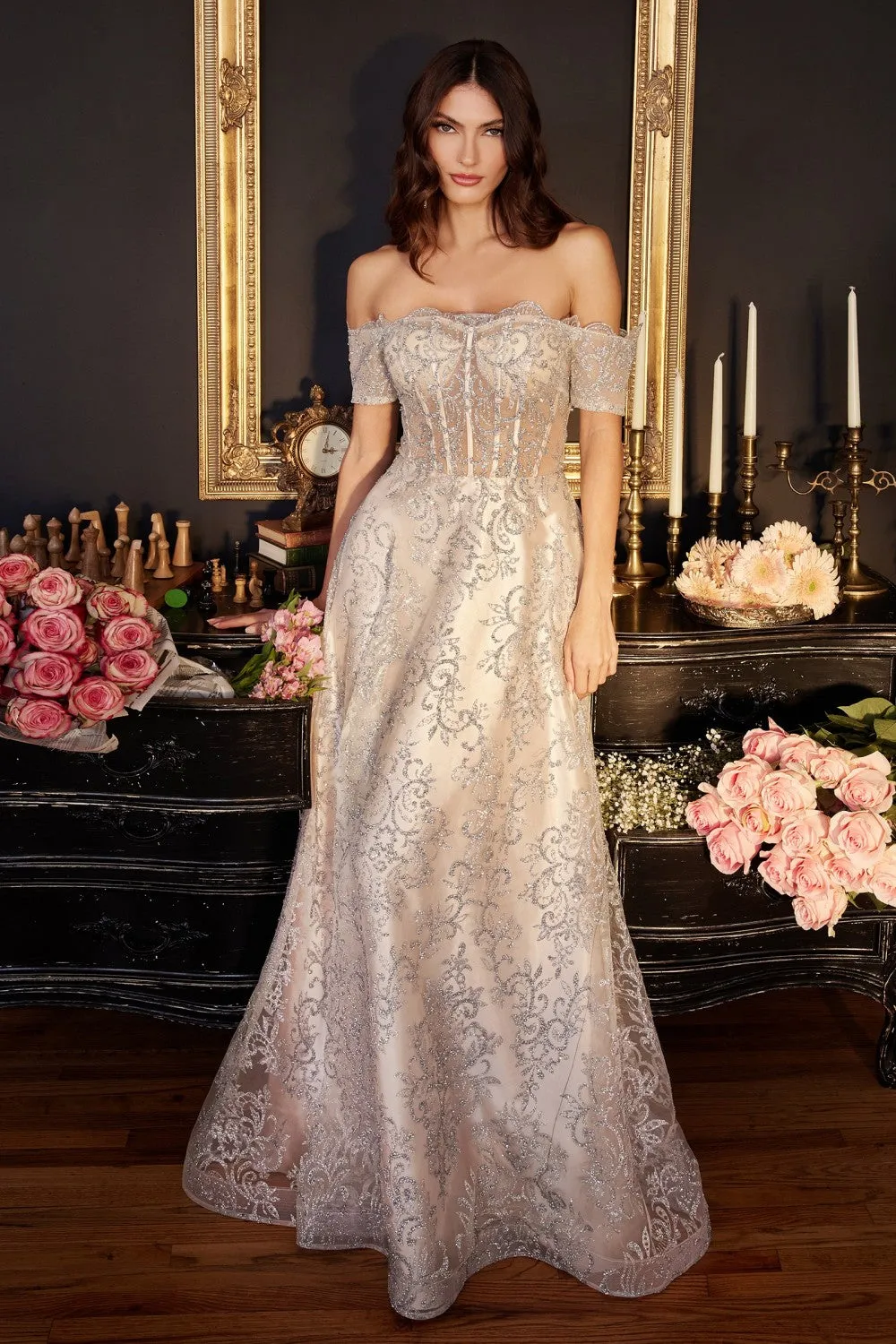 CD J835 - Off the Shoulder Glitter Print A-Line Prom Gown with Sheer Boned Bodice