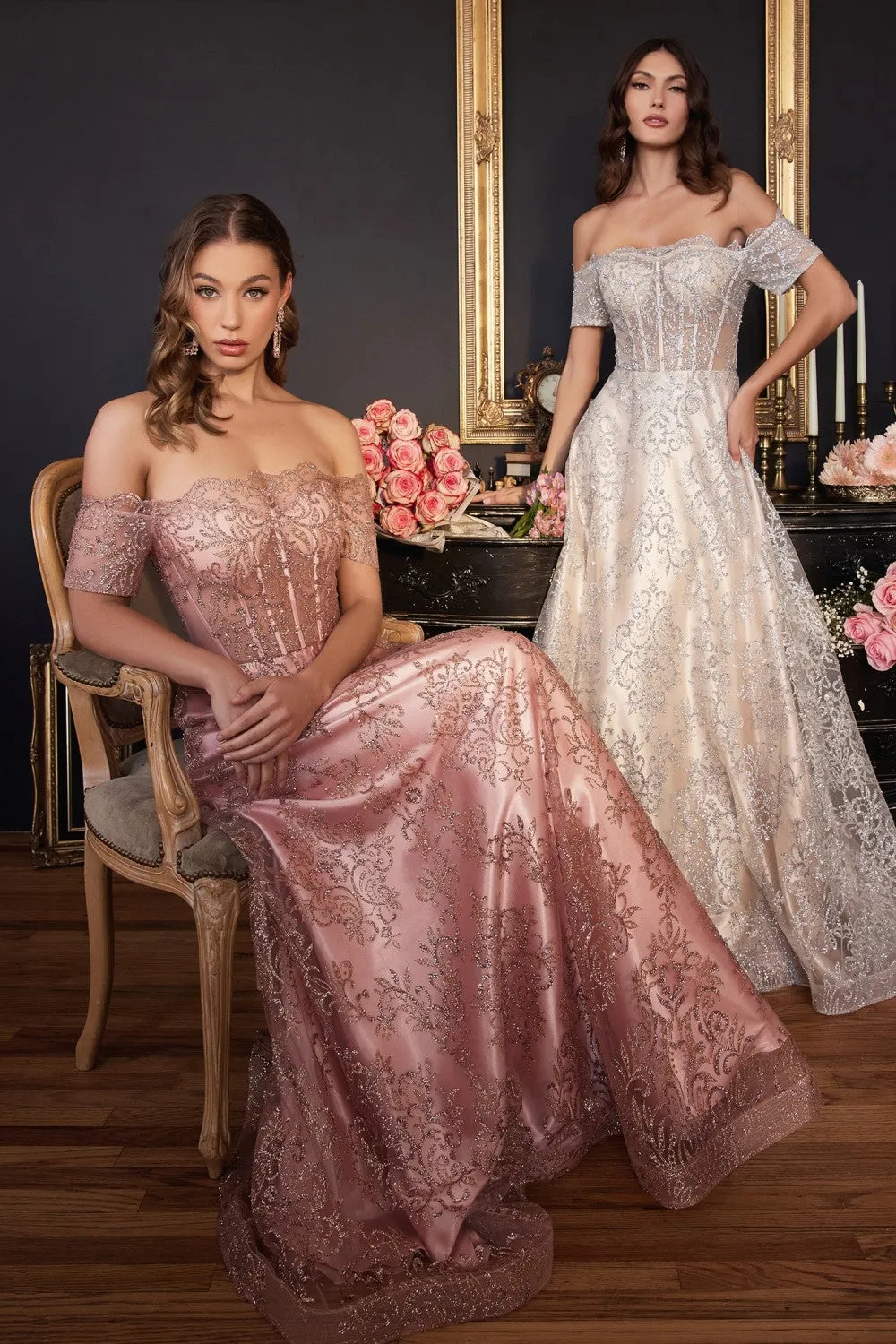 CD J835 - Off the Shoulder Glitter Print A-Line Prom Gown with Sheer Boned Bodice