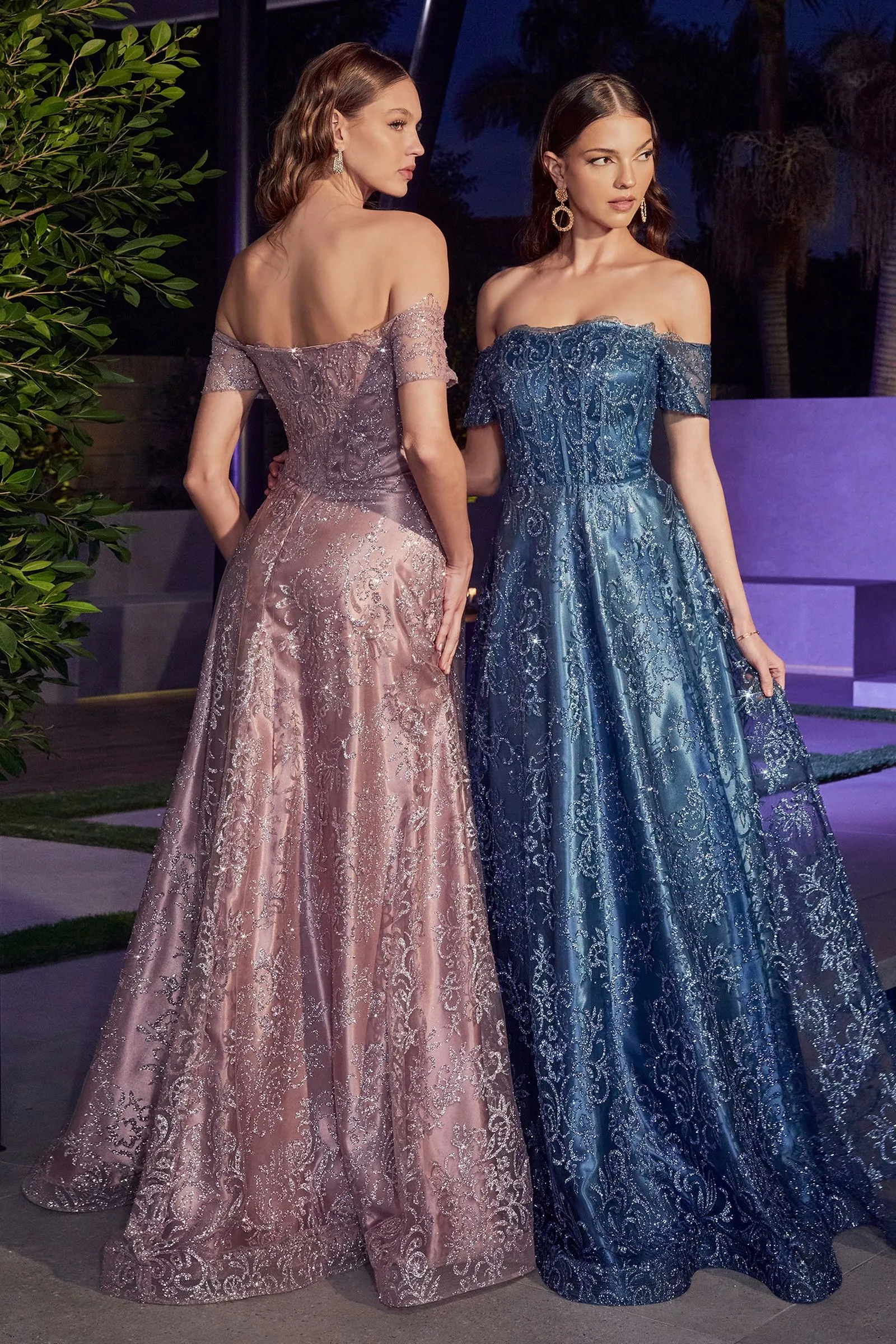 CD J835 - Off the Shoulder Glitter Print A-Line Prom Gown with Sheer Boned Bodice