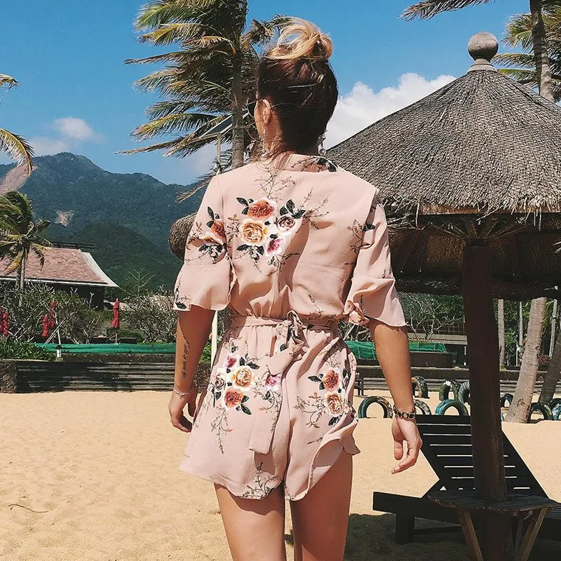 Celino Women Apricot Floral Printed V-Neck Short Sleeve Party Club Mini Dress
