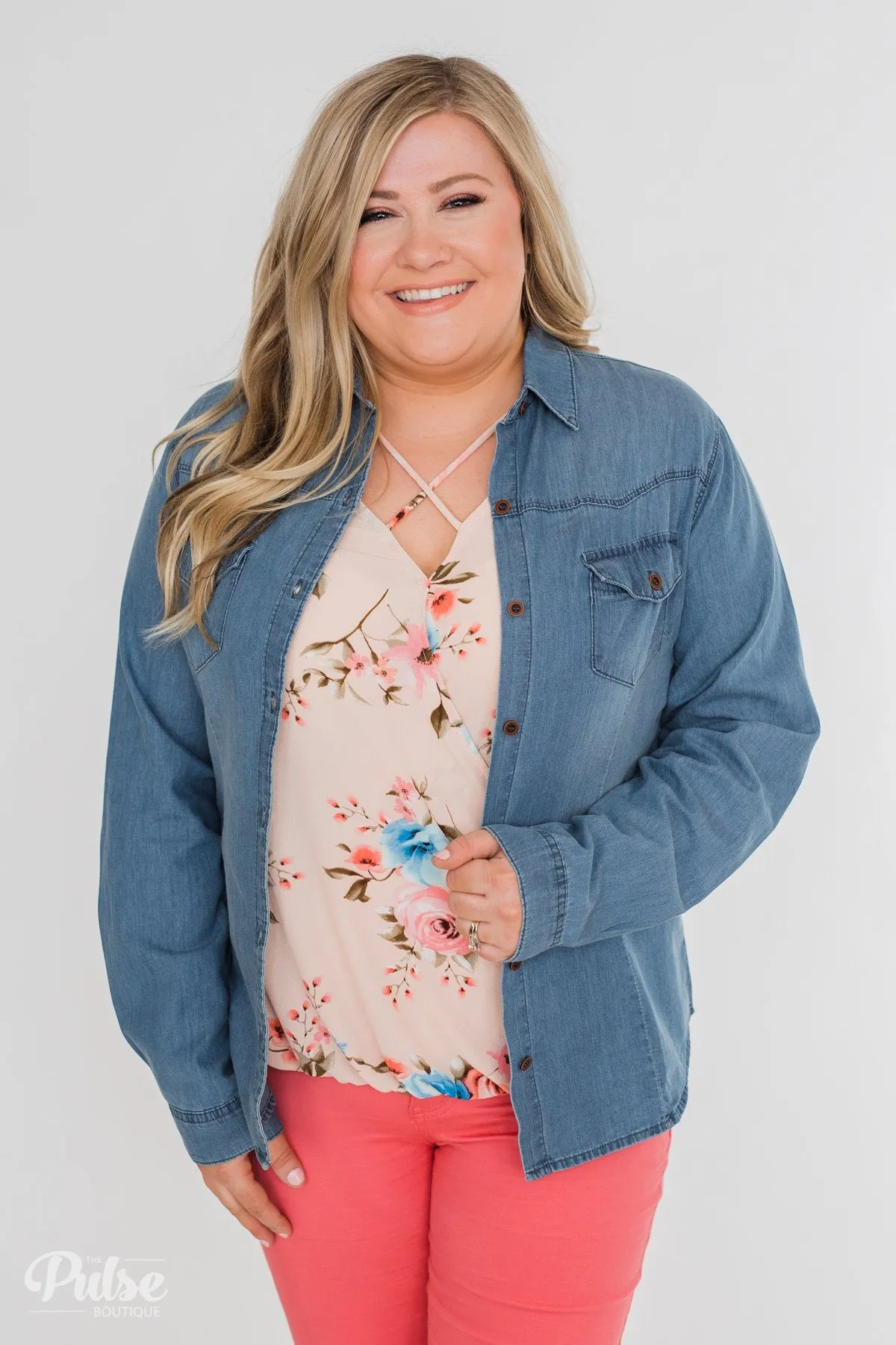 Chambray Button-Up Top- Medium Wash