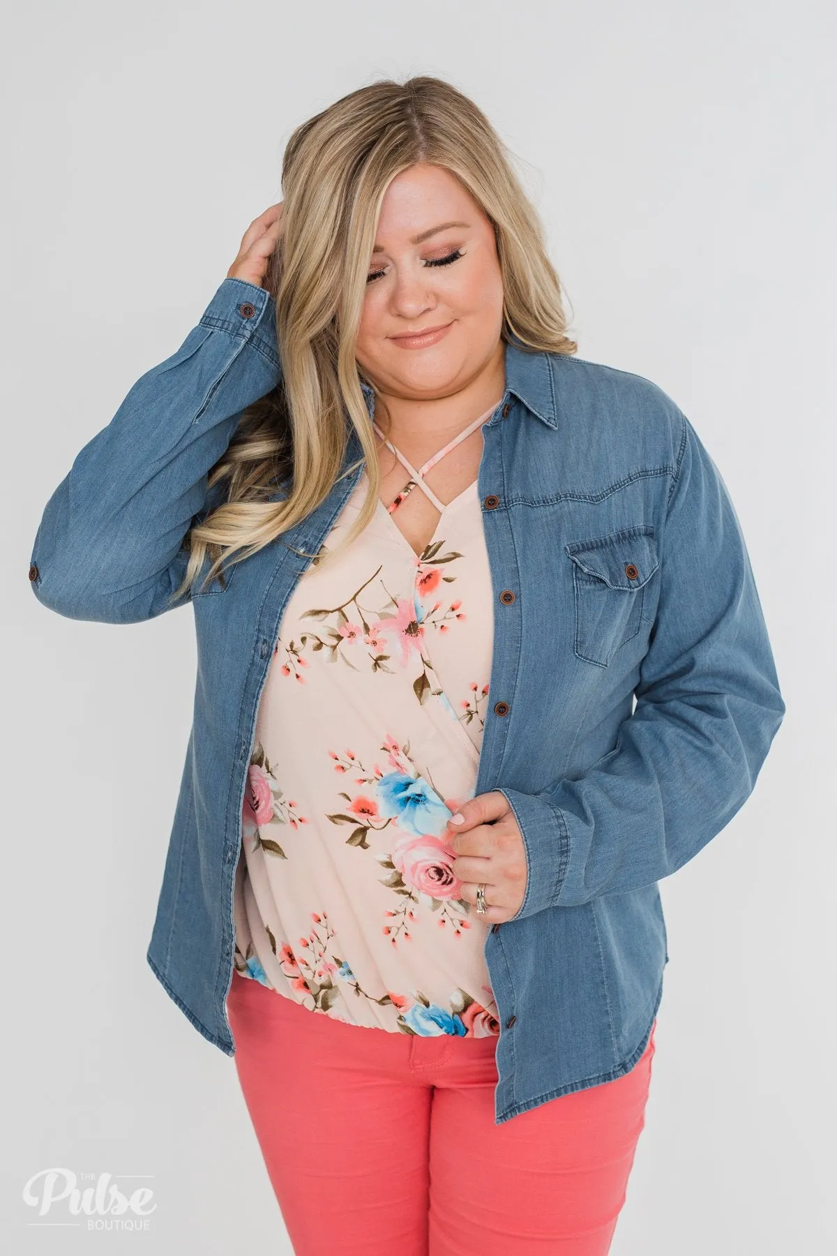 Chambray Button-Up Top- Medium Wash