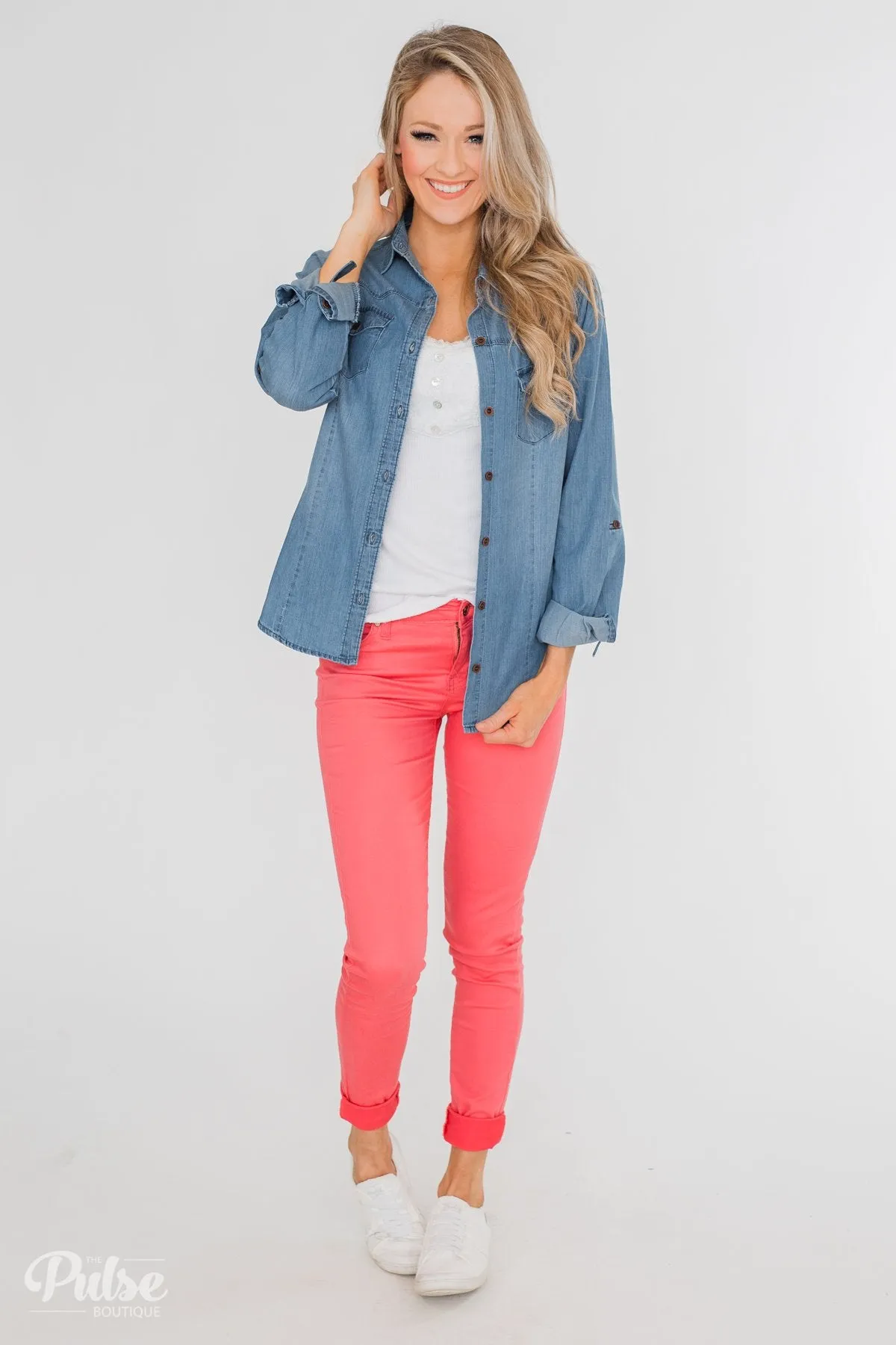 Chambray Button-Up Top- Medium Wash