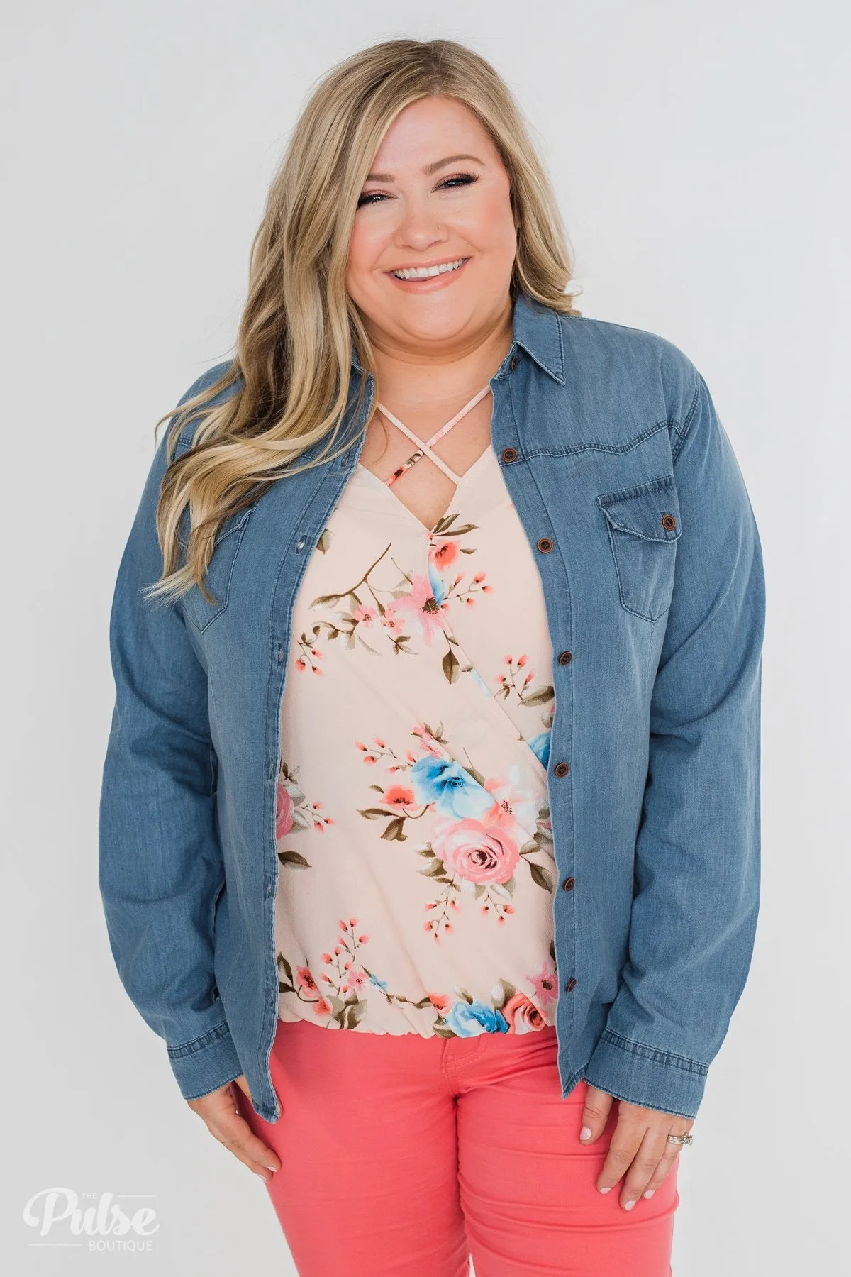 Chambray Button-Up Top- Medium Wash