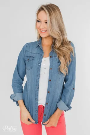 Chambray Button-Up Top- Medium Wash