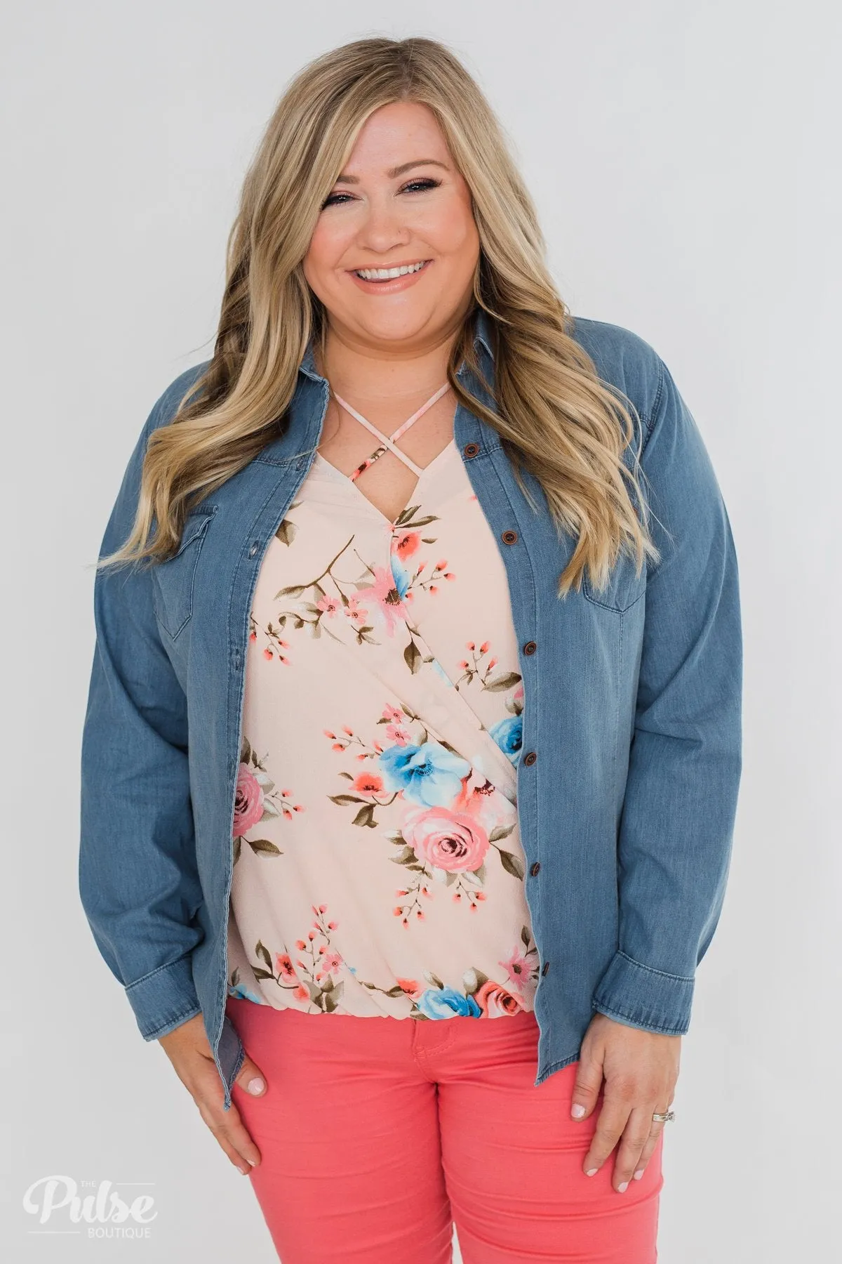 Chambray Button-Up Top- Medium Wash