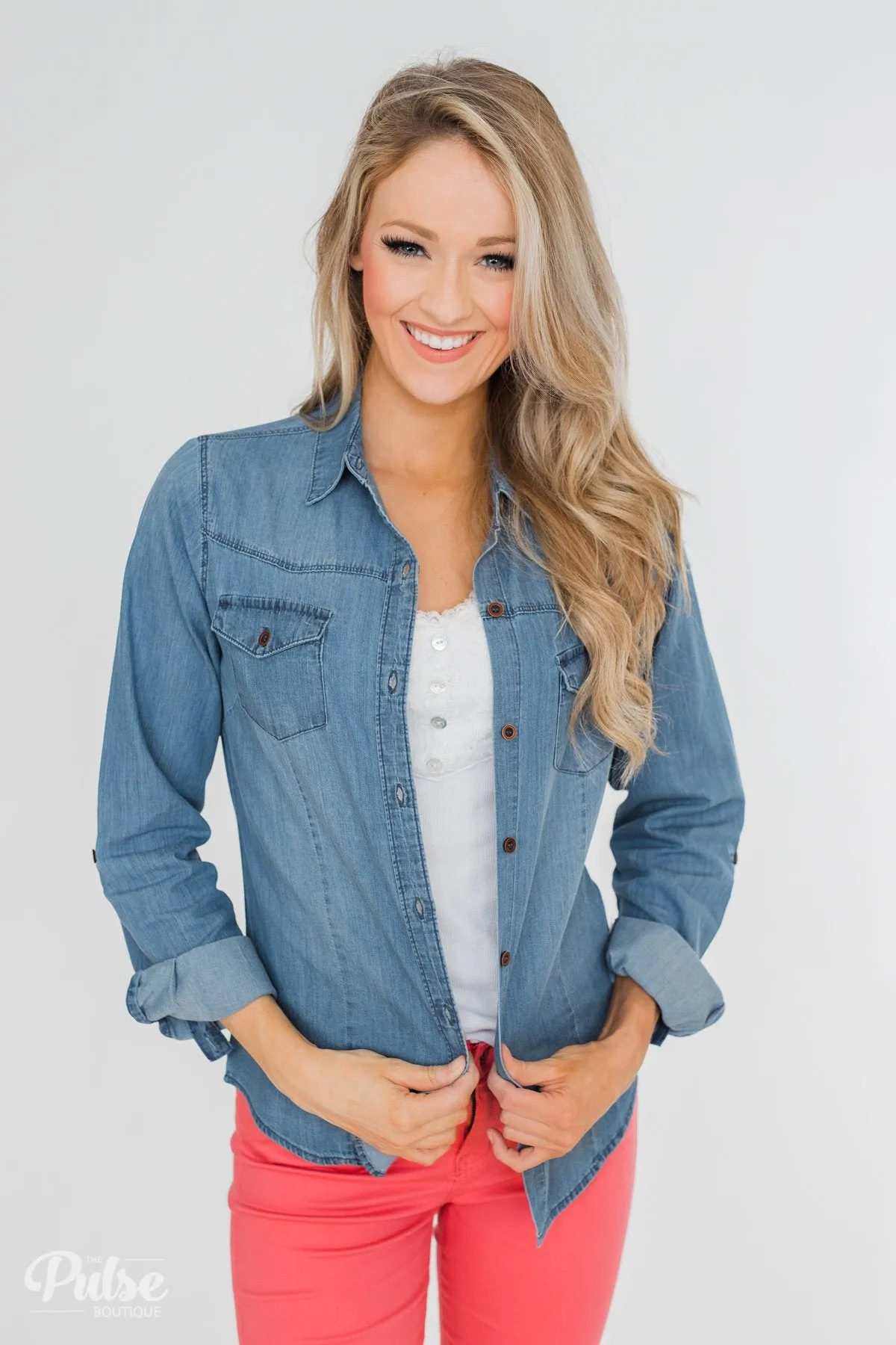 Chambray Button-Up Top- Medium Wash