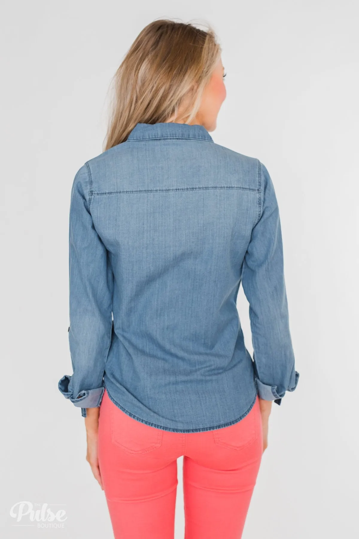 Chambray Button-Up Top- Medium Wash
