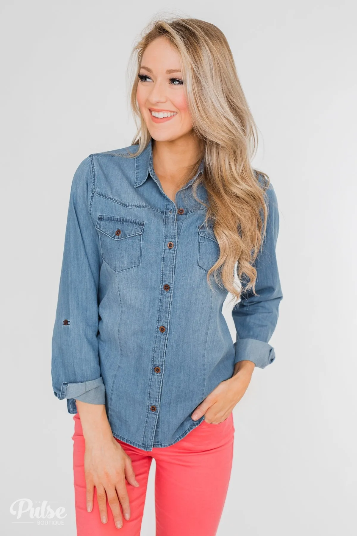 Chambray Button-Up Top- Medium Wash
