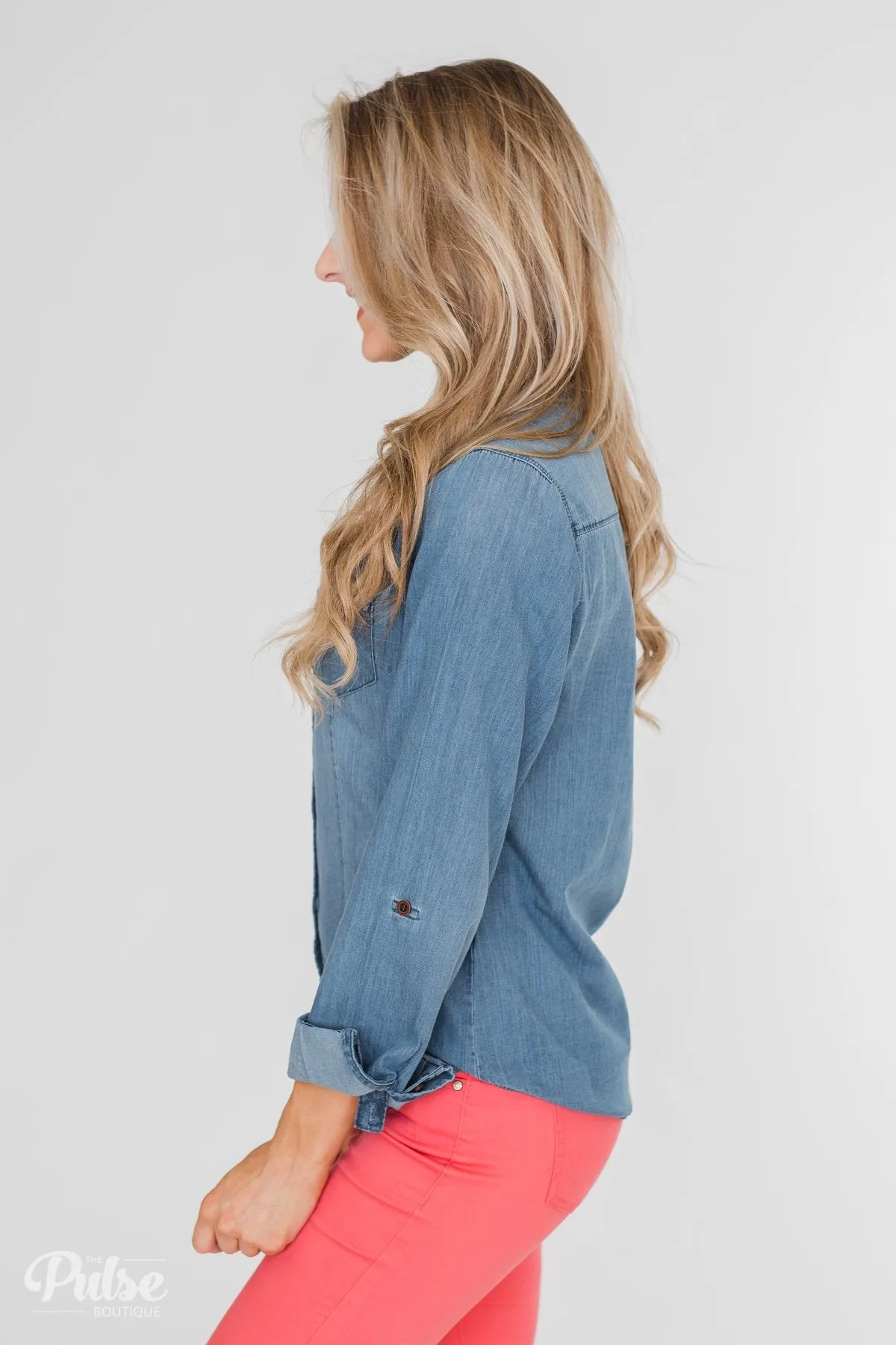 Chambray Button-Up Top- Medium Wash