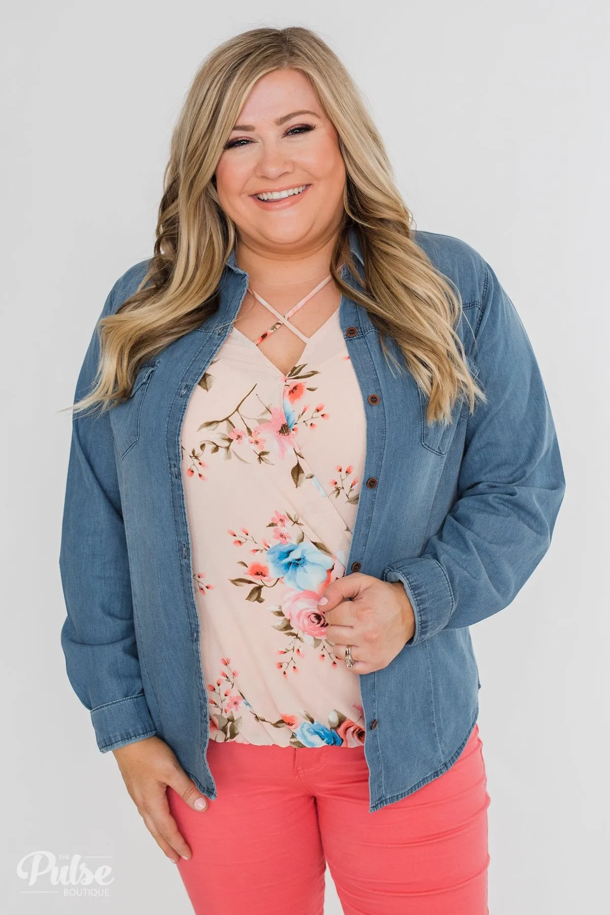 Chambray Button-Up Top- Medium Wash