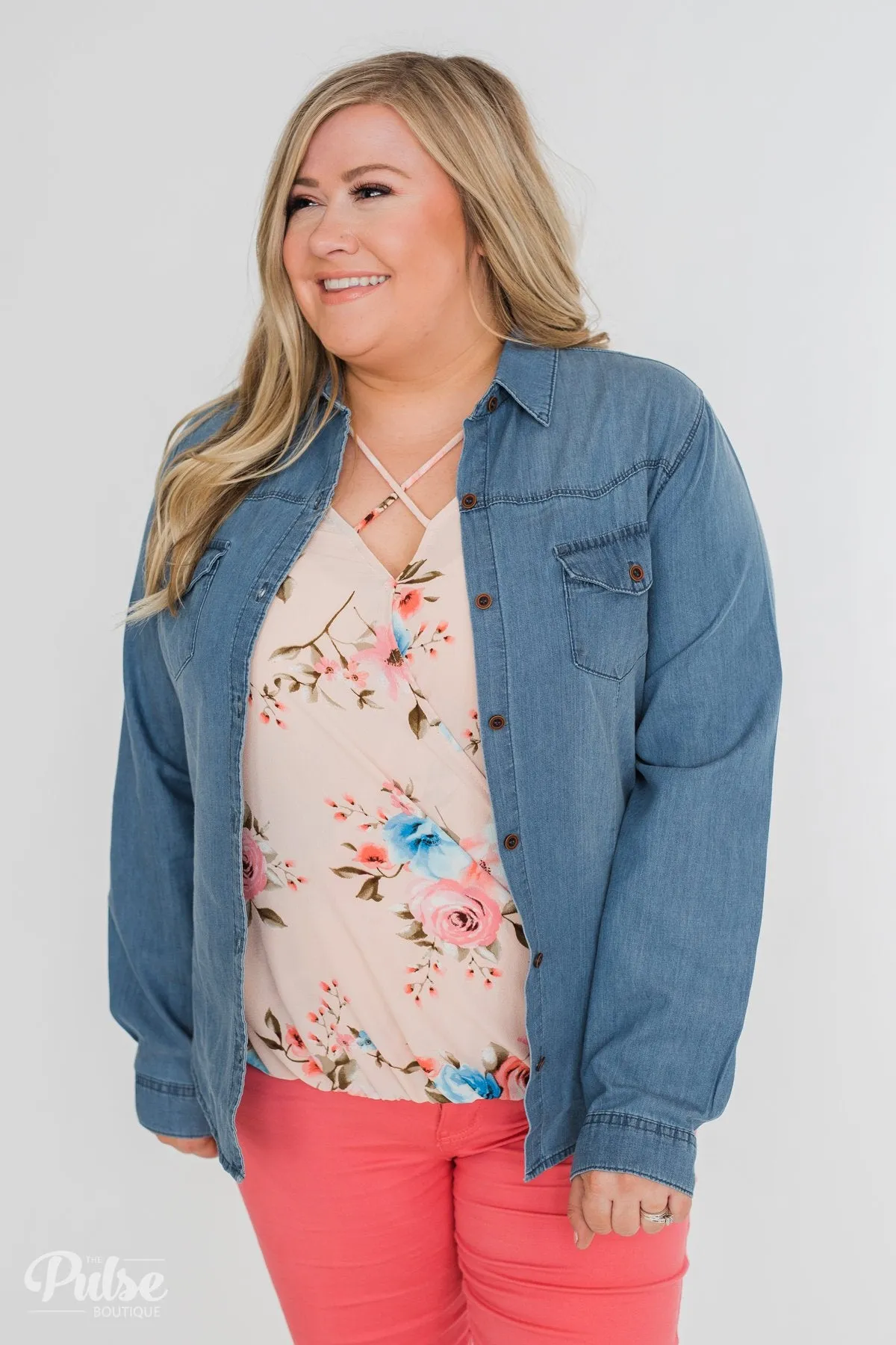 Chambray Button-Up Top- Medium Wash