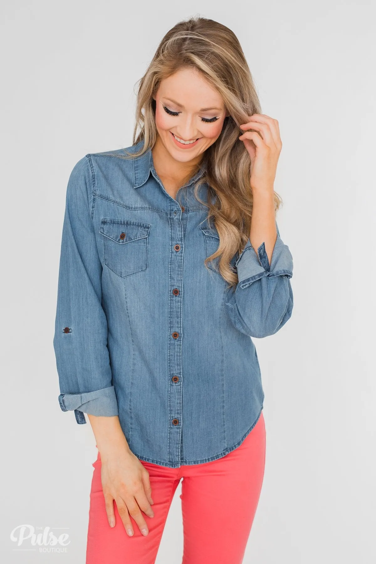 Chambray Button-Up Top- Medium Wash