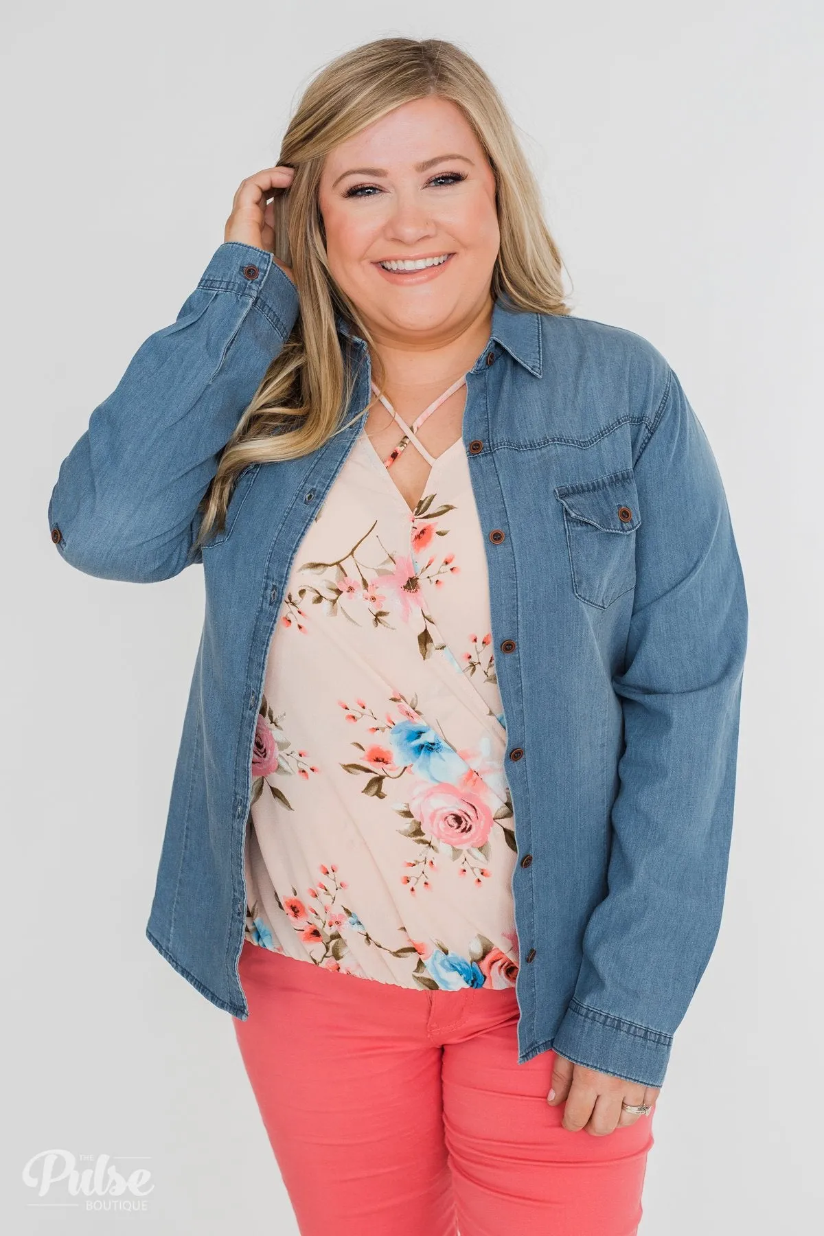 Chambray Button-Up Top- Medium Wash