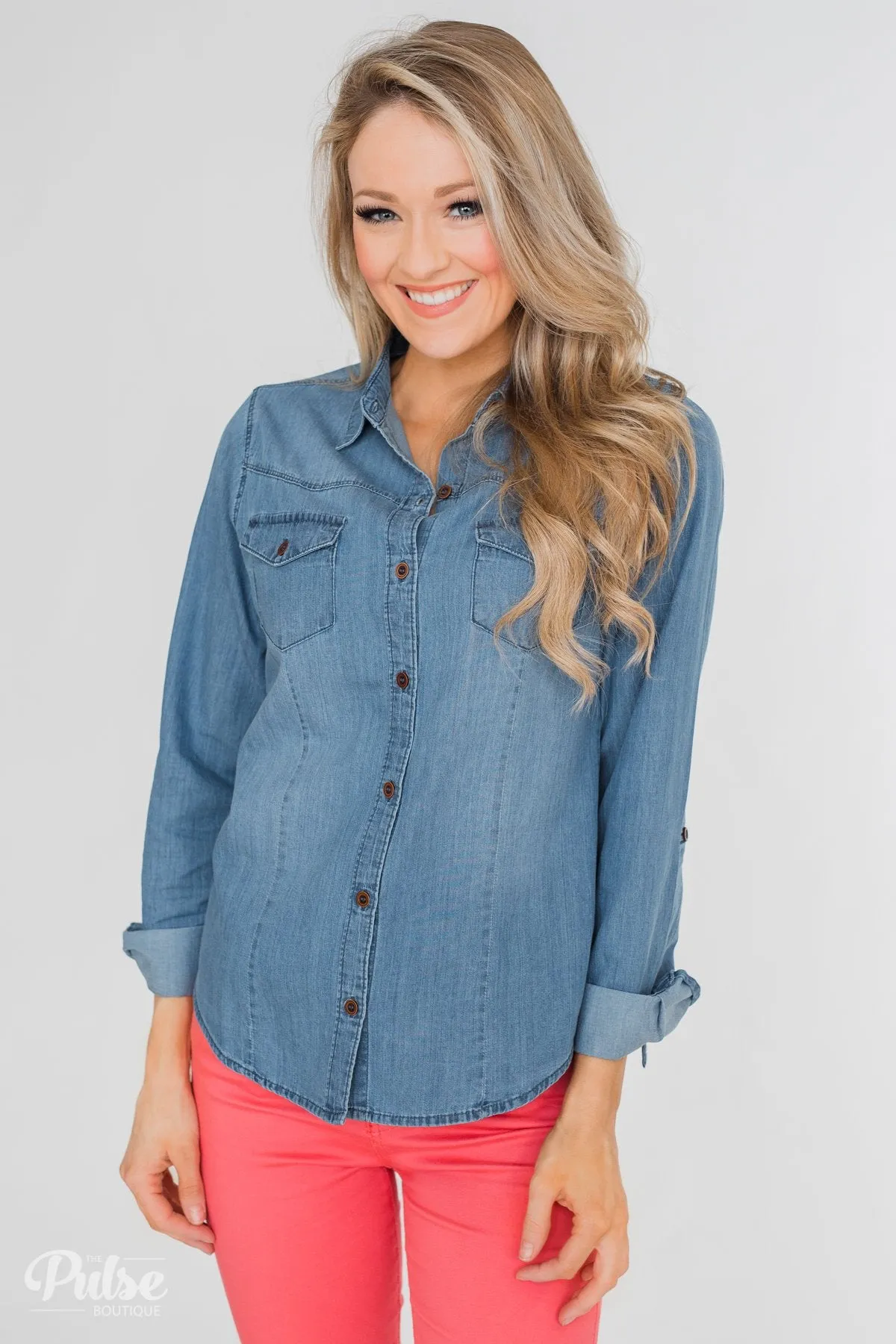 Chambray Button-Up Top- Medium Wash