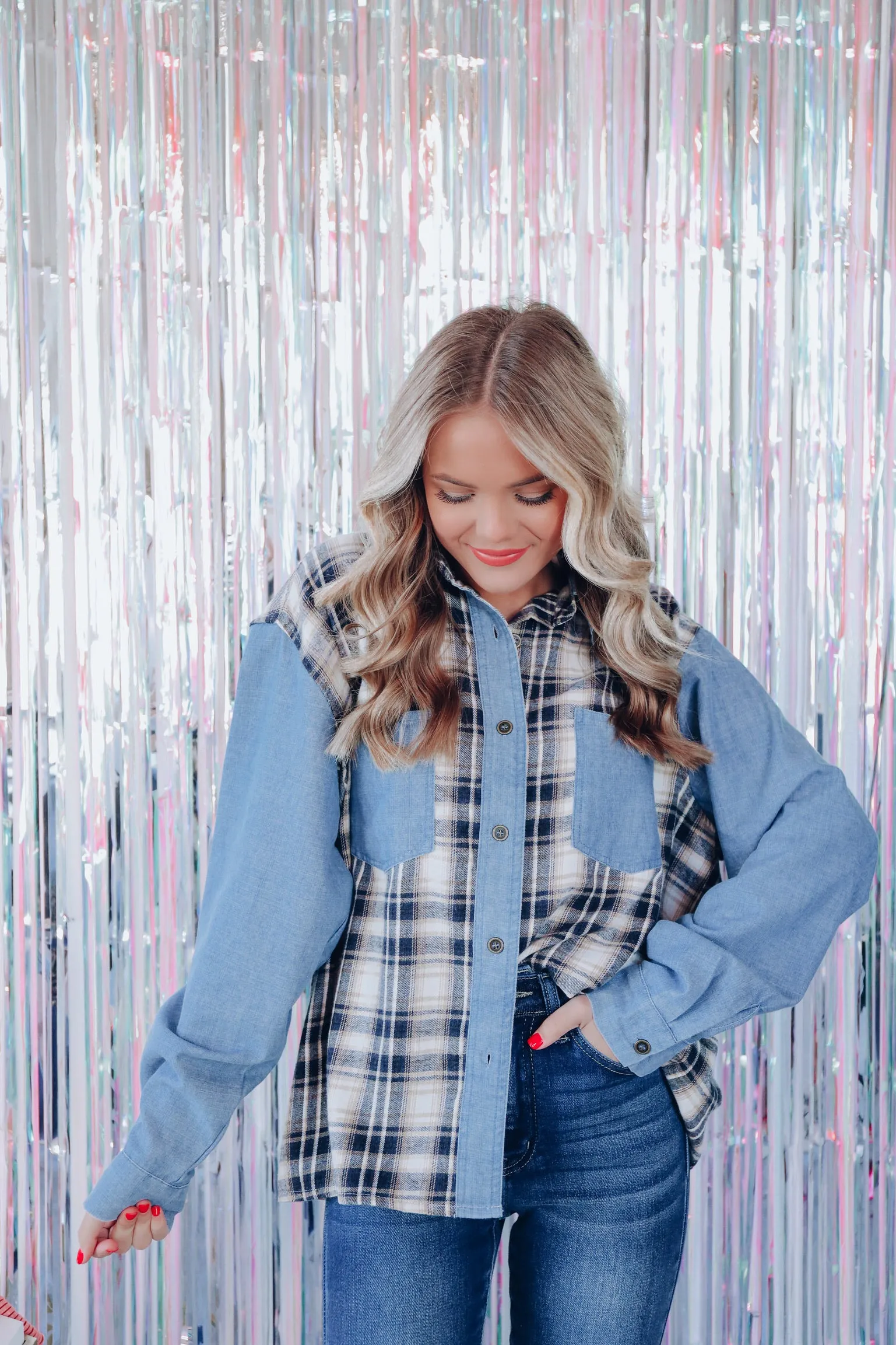 Chambray Cozy Button Down Flannel Shirt - Navy