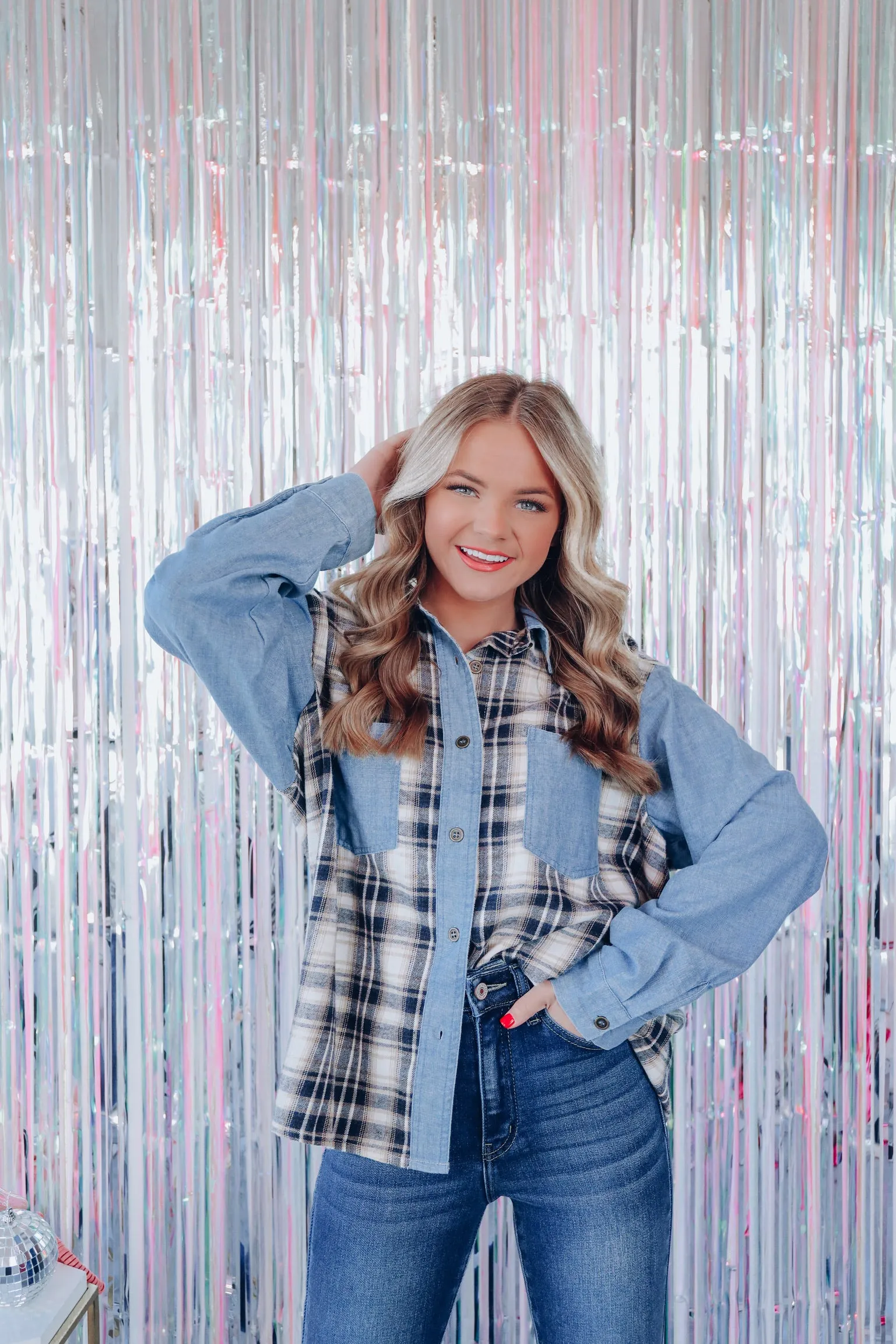 Chambray Cozy Button Down Flannel Shirt - Navy
