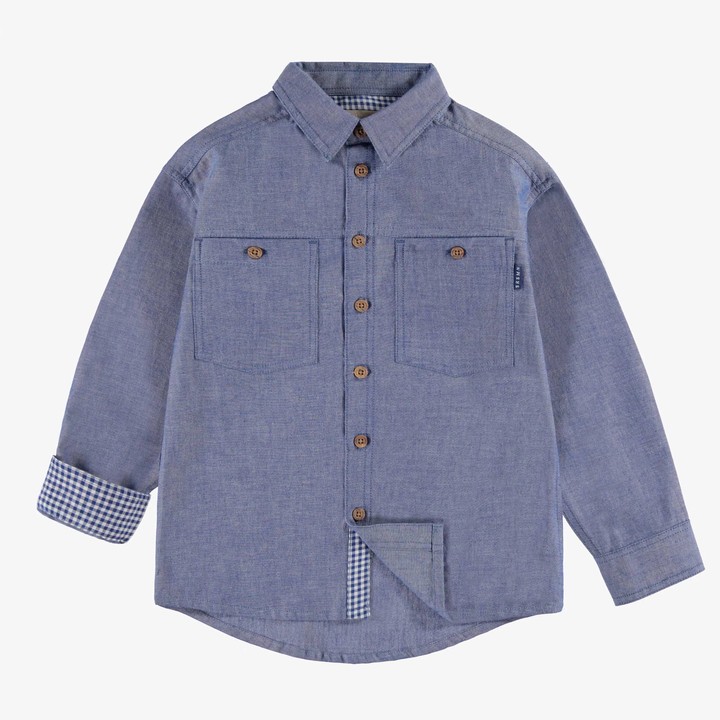 Chemise bleu chiné en coton chambray, enfant || Mottled blue shirt in chambray cotton, child
