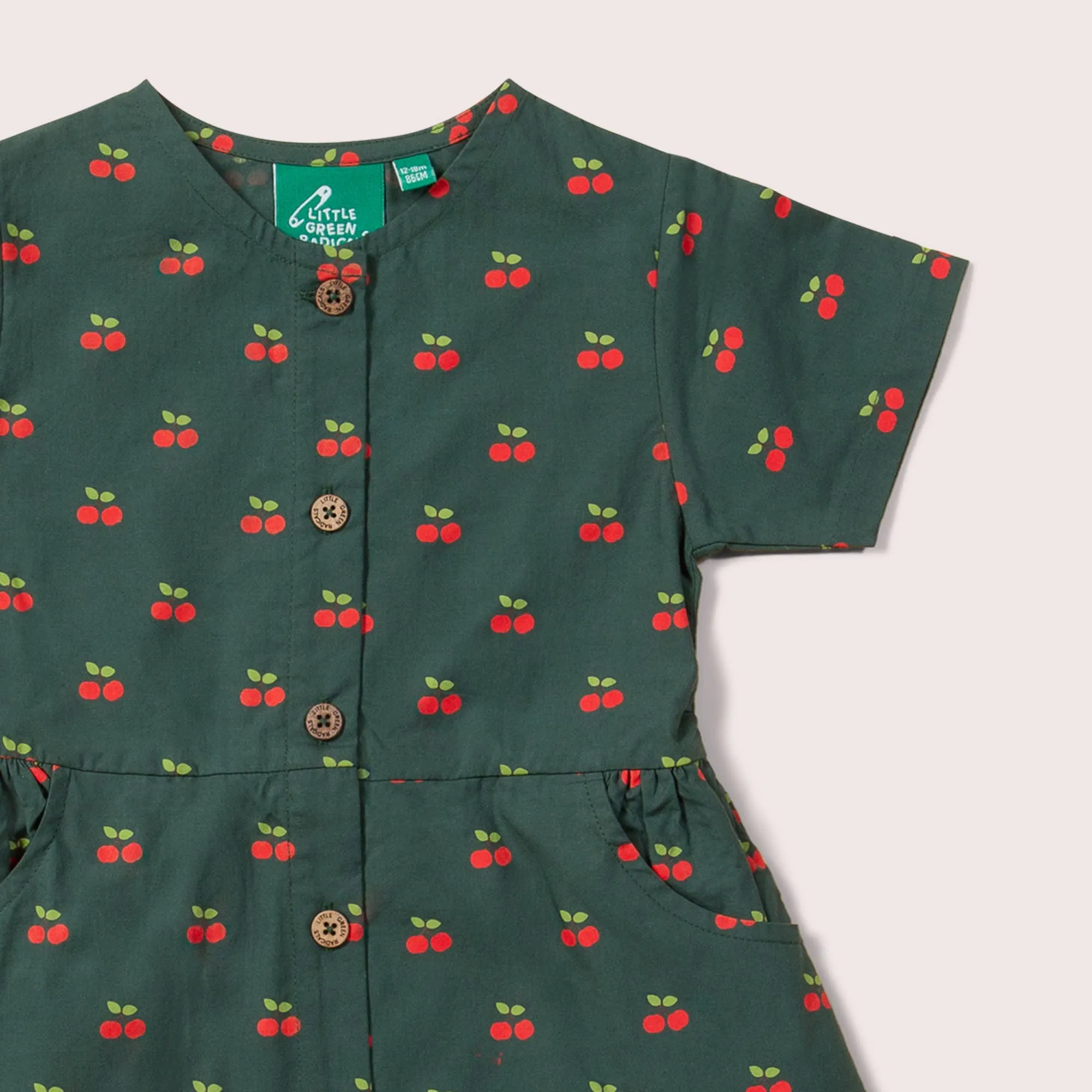 Cherries Buttons Short Sleeve Dress in Olive