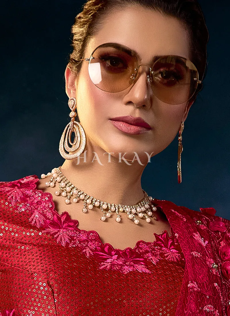 Cherry Red Sequence Embroidered Festive Saree