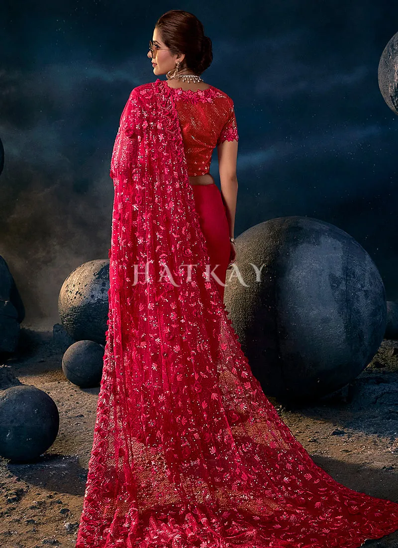 Cherry Red Sequence Embroidered Festive Saree