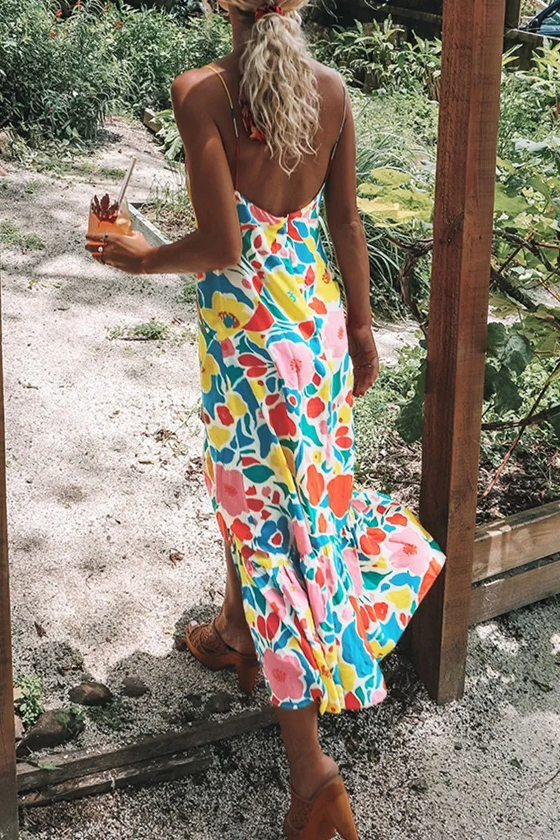 Chicindress Floral Printed Backless Mid Calf Dress With Pocket