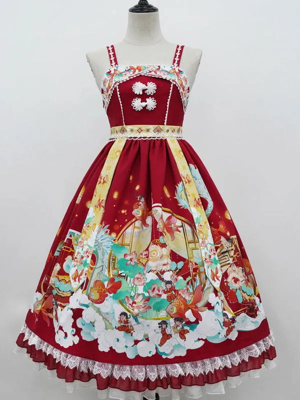 Chinese Style Lolita JSK Dress 2-Piece Set Burgundy Sleeveless Polyester Lolita Jumper Skirts