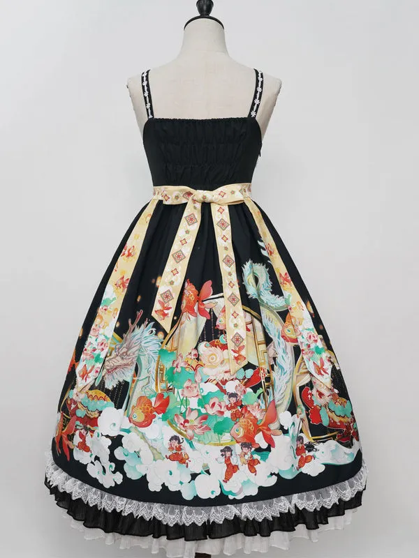 Chinese Style Lolita JSK Dress 2-Piece Set Burgundy Sleeveless Polyester Lolita Jumper Skirts
