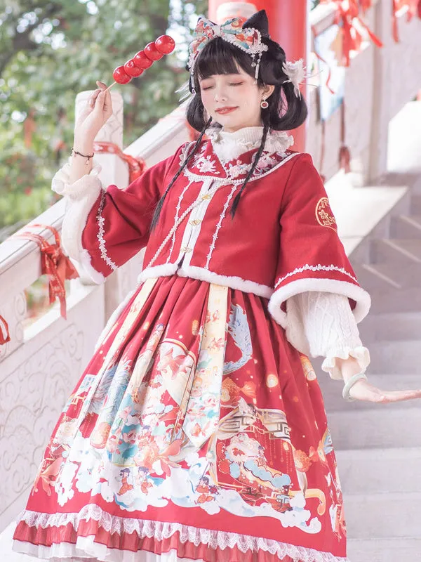 Chinese Style Lolita JSK Dress 2-Piece Set Burgundy Sleeveless Polyester Lolita Jumper Skirts