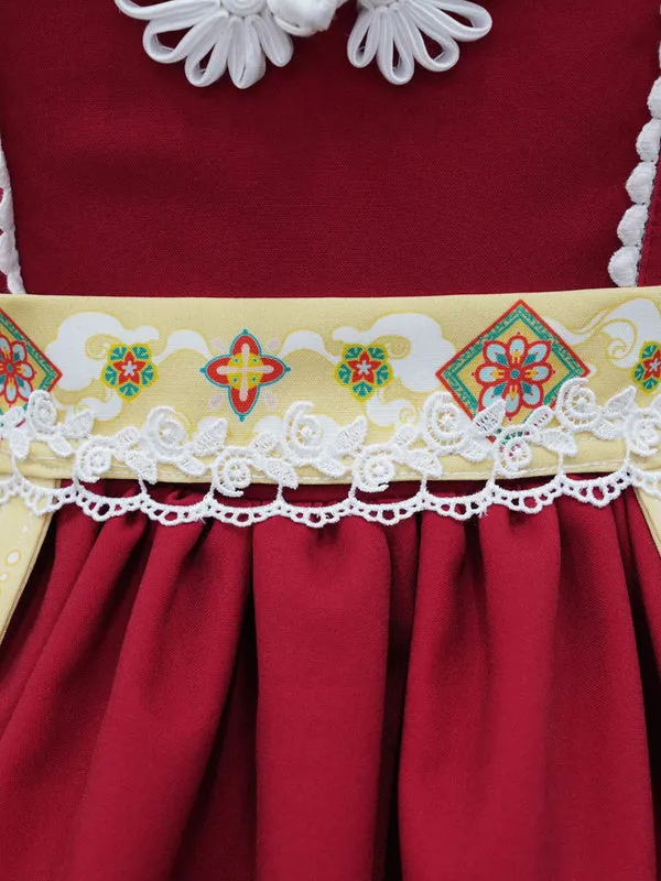 Chinese Style Lolita JSK Dress 2-Piece Set Burgundy Sleeveless Polyester Lolita Jumper Skirts
