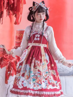 Chinese Style Lolita JSK Dress 2-Piece Set Burgundy Sleeveless Polyester Lolita Jumper Skirts