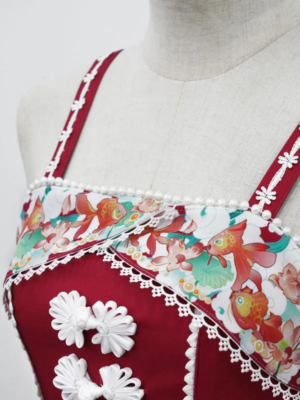 Chinese Style Lolita JSK Dress 2-Piece Set Burgundy Sleeveless Polyester Lolita Jumper Skirts